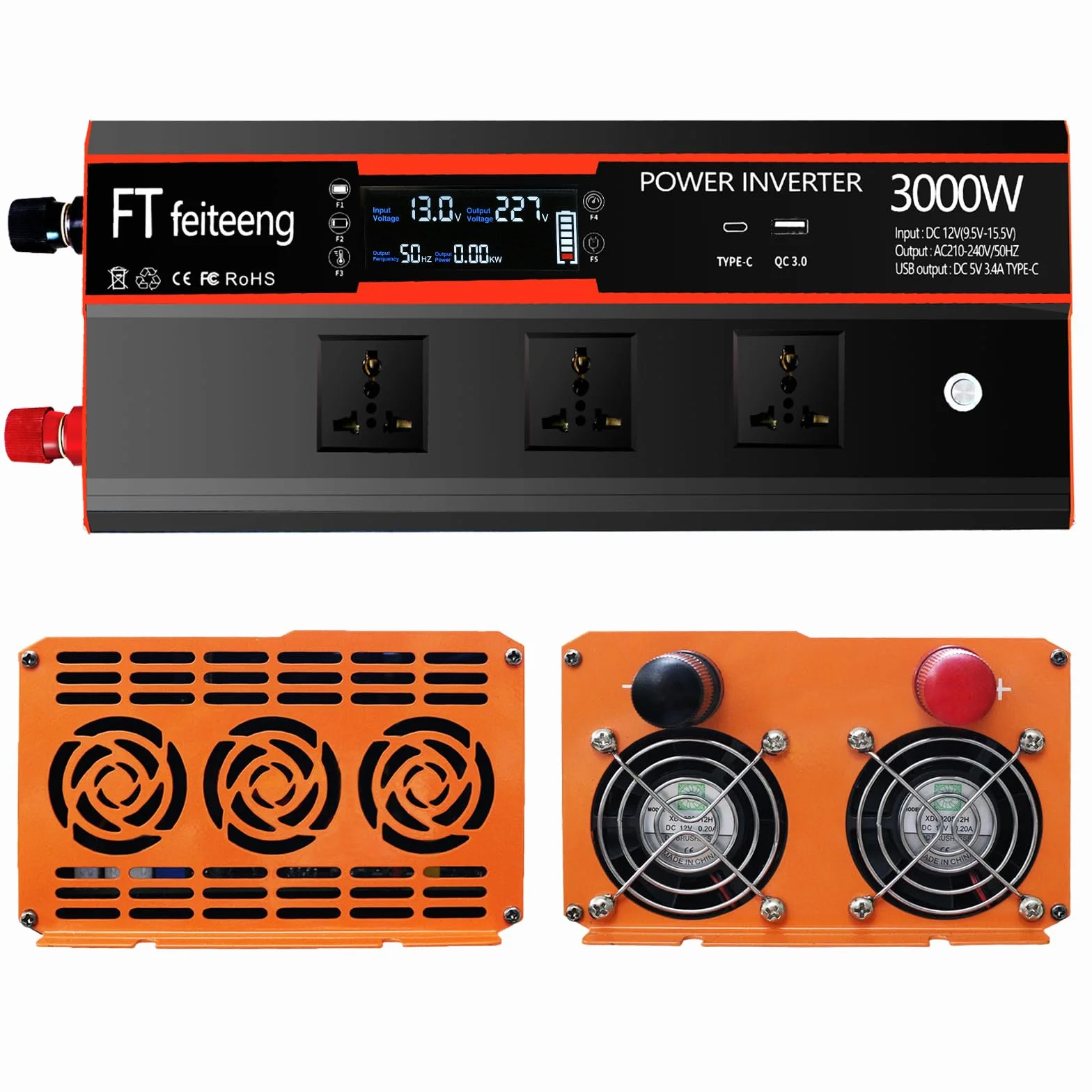 Inverter 3000W/5000W 12V 220V con 2 prese AC display LCD telecomando wireless USB