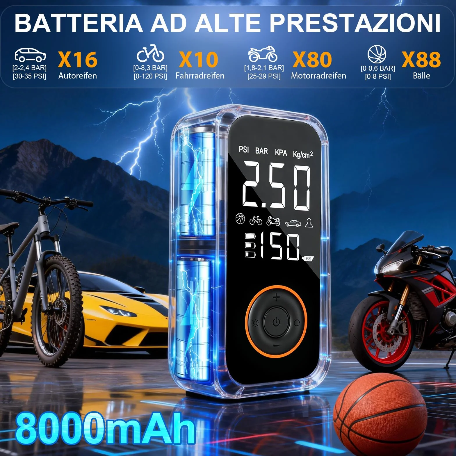 Compressore Aria Portatile Auto 8000mAh 150PSI Pompa Bici Elettrica con Schermo LCD e Torcia LED