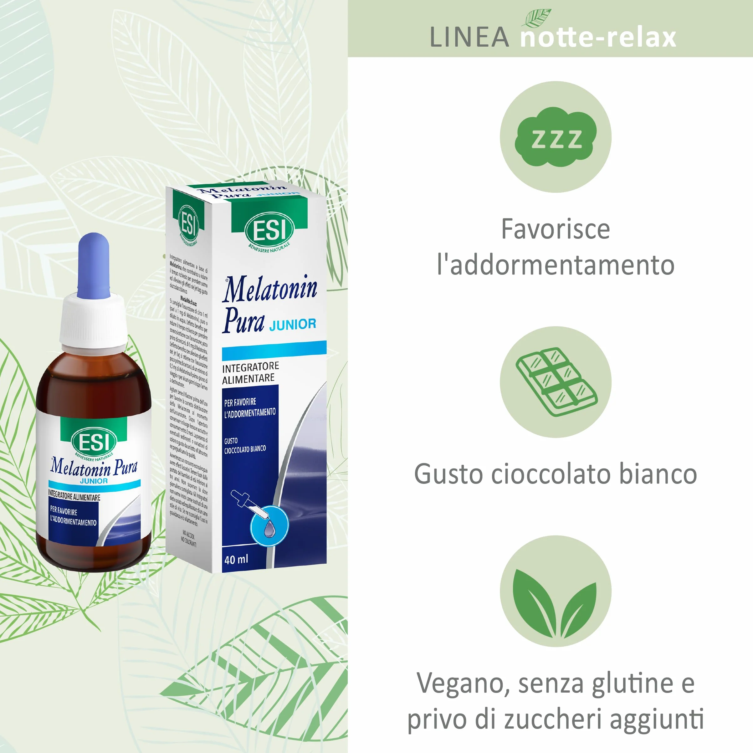 ESI Melatonin Pura Junior Integratore Alimentare Melatonina Bambini Gocce Senza Glutine Vegan 40 ml