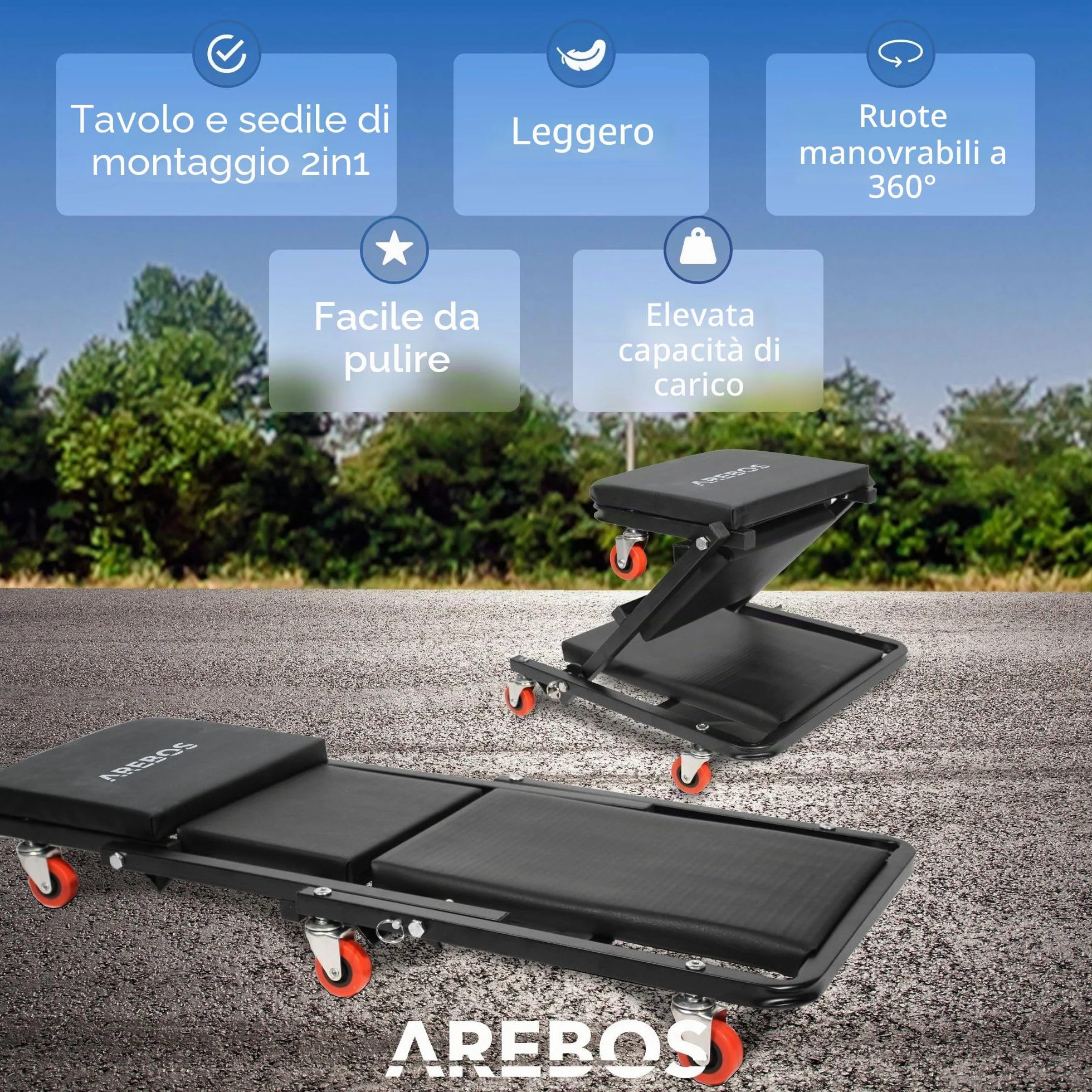 AREBOS Carrello per Montaggio 2 in 1 Fino a 150 kg Carrellino Sgabello da Officina