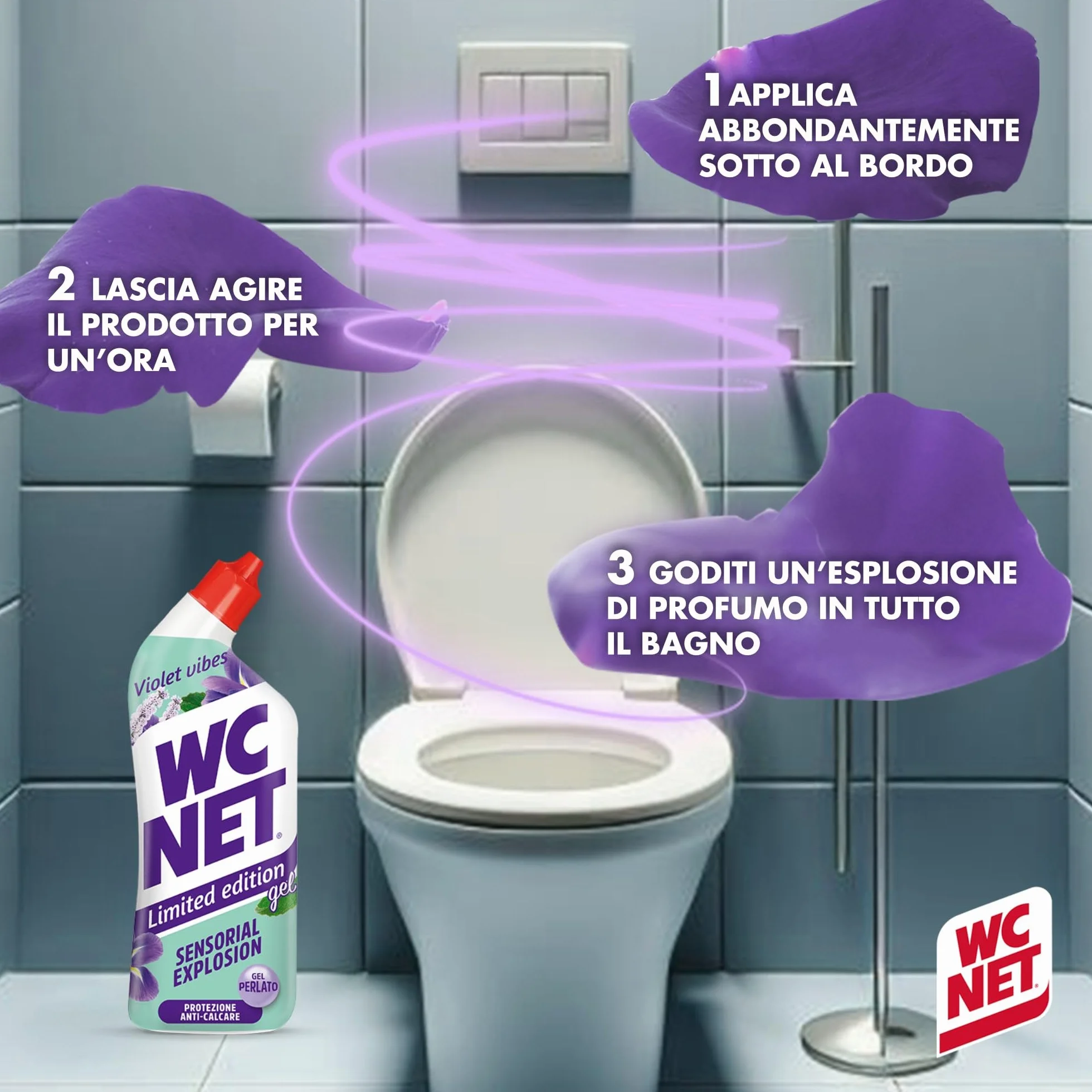 Wc Net Detergente Liquido per Sanitari Essenza Iris Viola e Patchouli Prevenzione Calcare 700 ml x 4 Confezioni