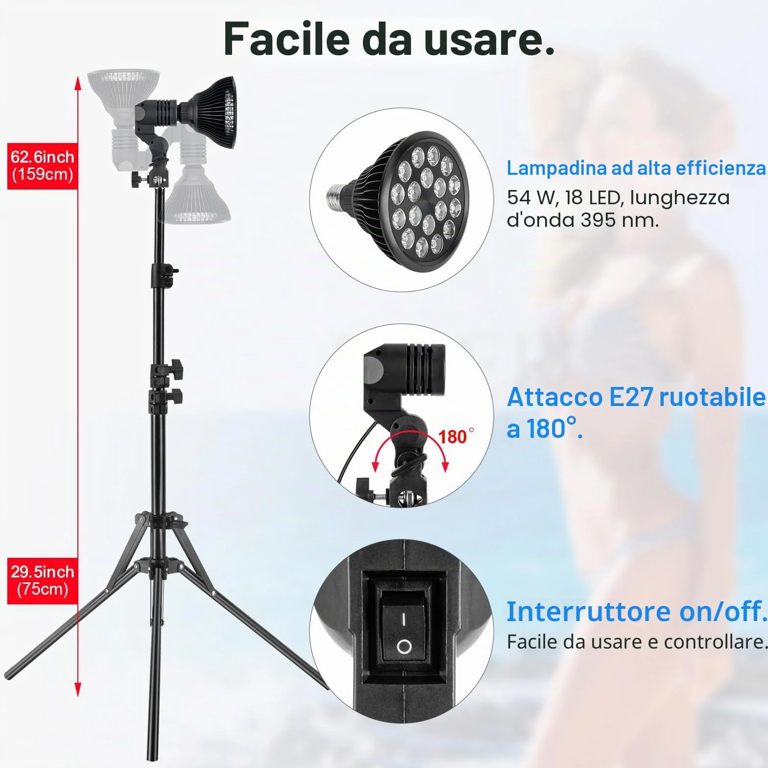 Lampada Abbronzante Viso e Corpo 54W 395nm con Supporto Regolabile Occhiali