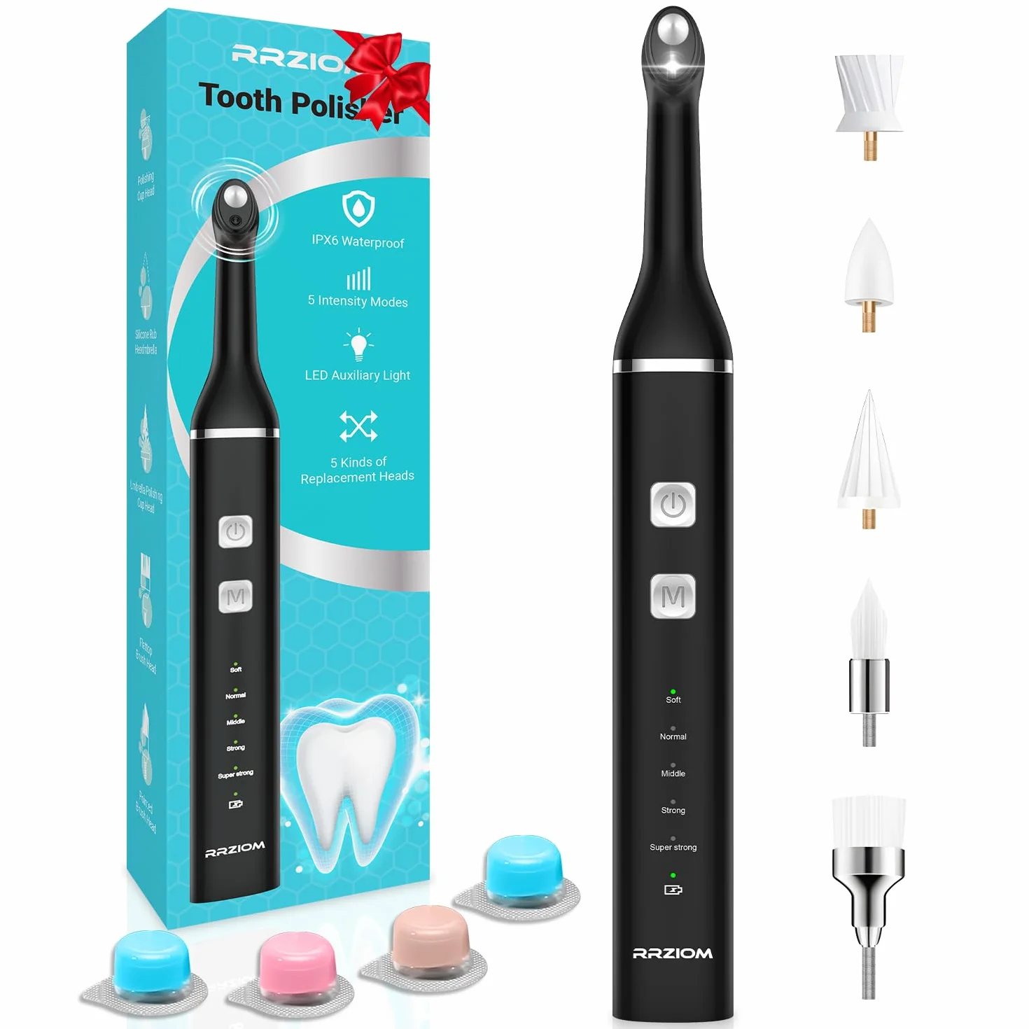 RRZIOM Kit Pulizia Denti Professionale, Macchine Per La Lucidatura Dentale, Impermeabile con Luce LED, 5 Testine, 5 Modalità, Ricaricabile