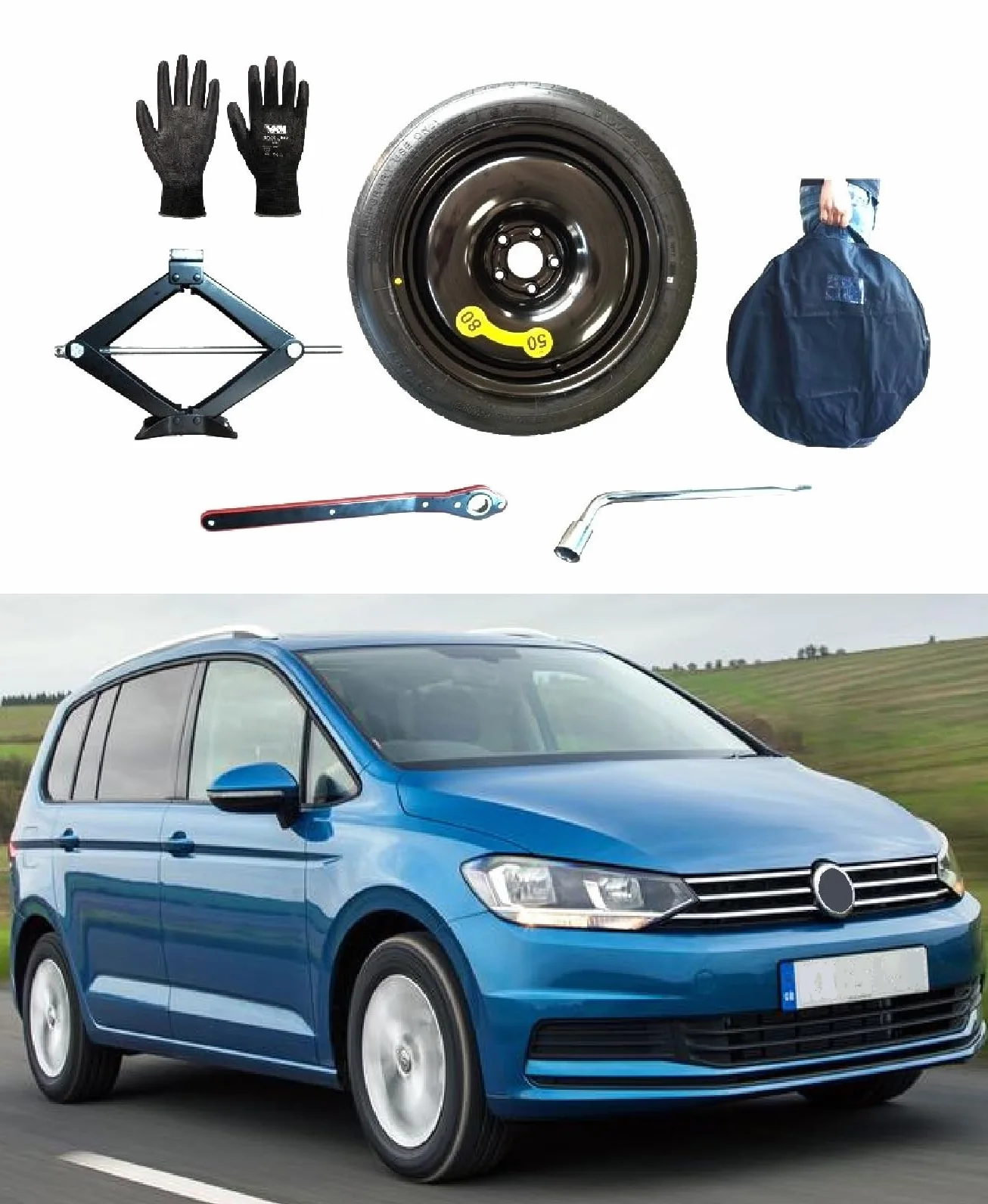 Kit Ruotino di Scorta 16" per Volkswagen Touran con Cric, Chiave, Guanti, Sacca