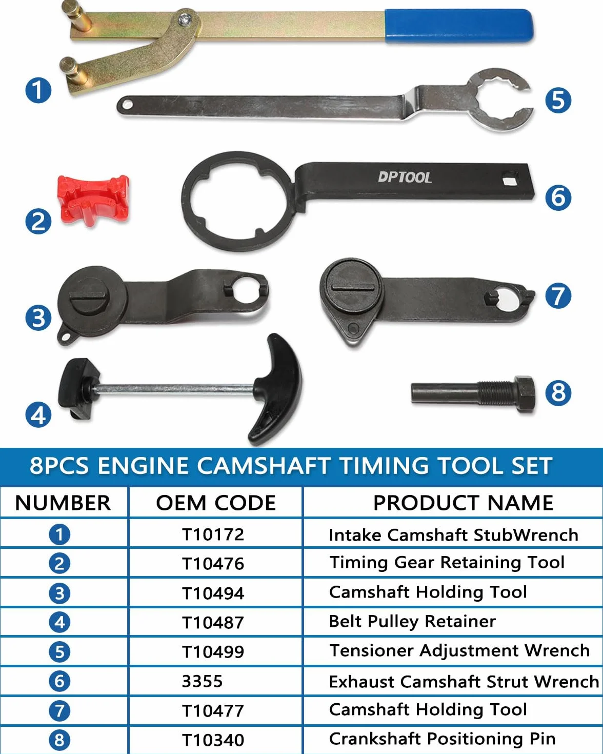 DPTOOL Set 8 strumenti regolazione distribuzione albero camme motore VAG EA211 1.0L 1.2L 1.4L 1.6L FSI TSI TFSI benzina VW Audi A3