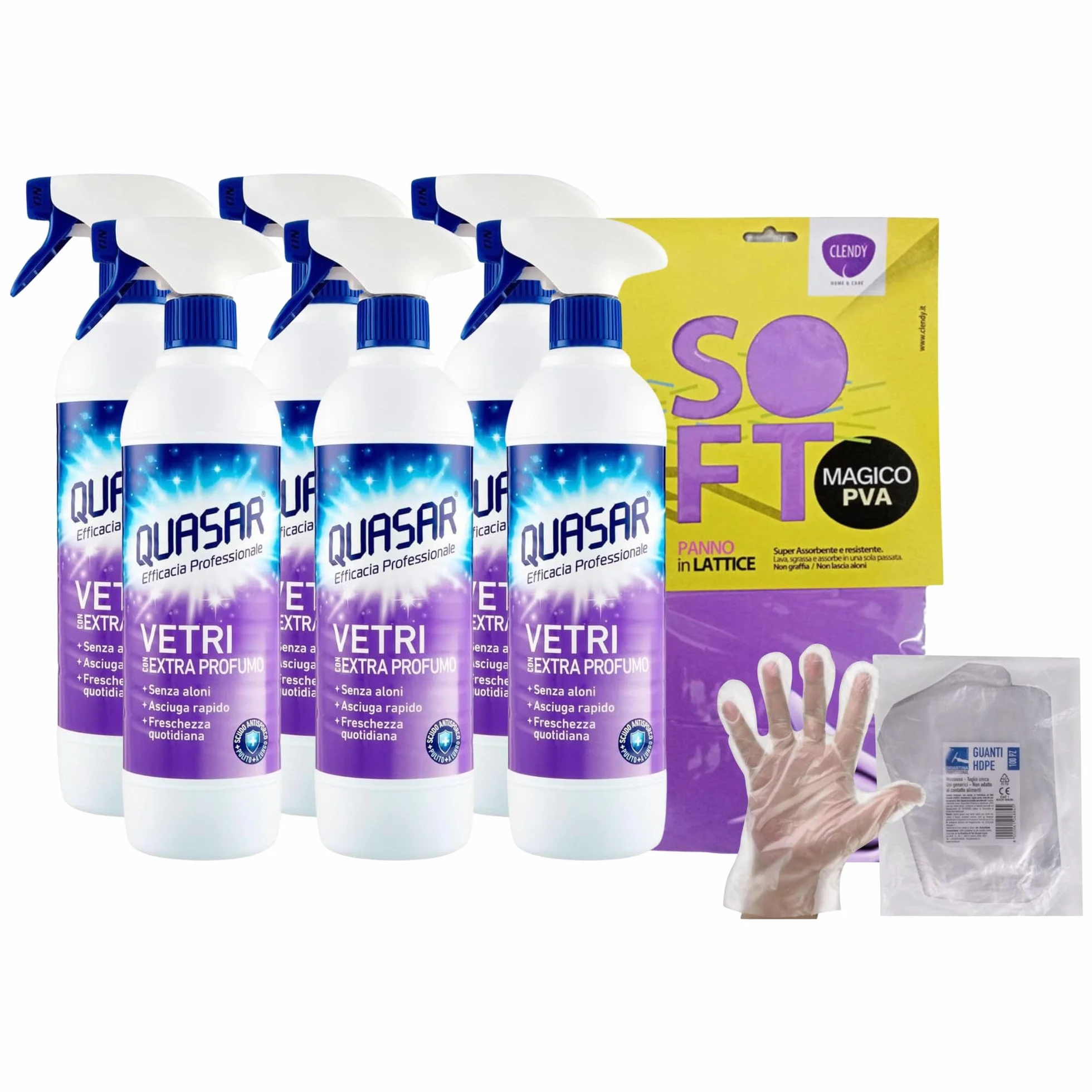 Detergente VETRI Extra Profumo 580ml 6 Trigger + Panno Lattice 30x30 + 100 Guanti HDPE
