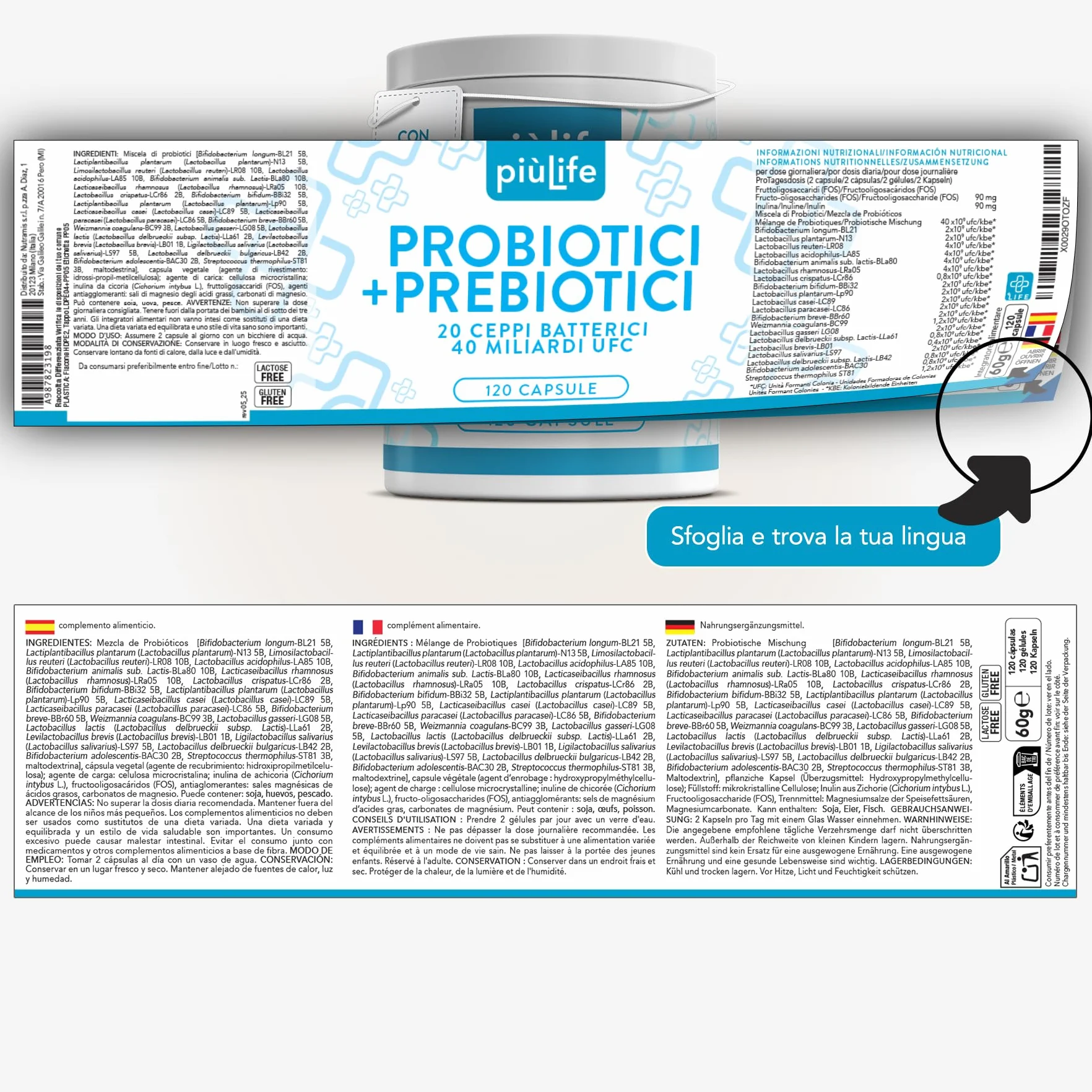 PiùLife Probiotici e Prebiotici 40 Miliardi UFC 20 Ceppi Inulina FOS 120 Capsule