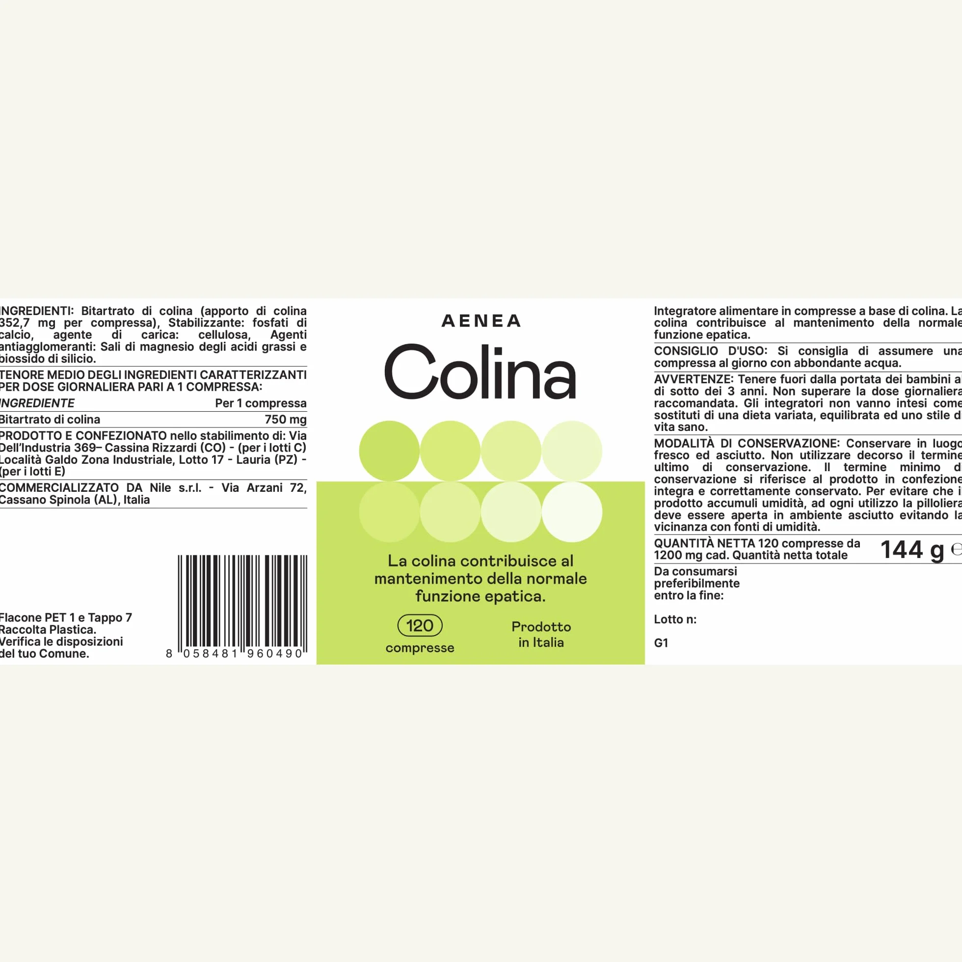 Colina Integratore 120cps Alto Dosaggio 1200mg Colina Bitartrato Depura Fegato Funzione Epatica Metabolismo Grassi Detox Made in Italy