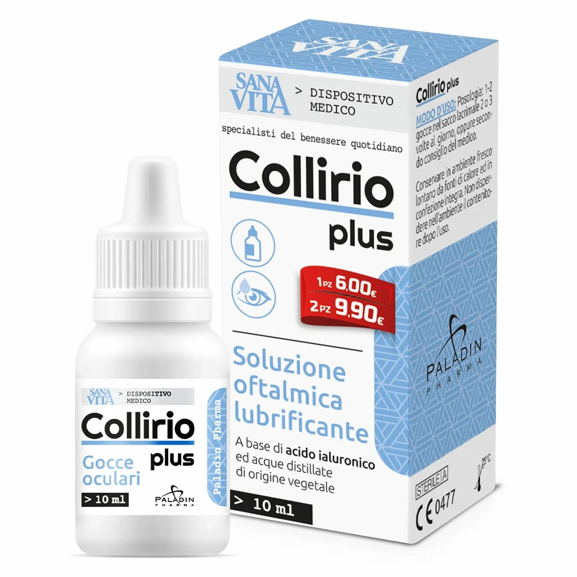 Sanavita Collirio Plus Soluzione Oftalmica Lubrificante 0,4% Acido Ialuronico Dispositivo Medico CE Flacone Multidose 10 ml