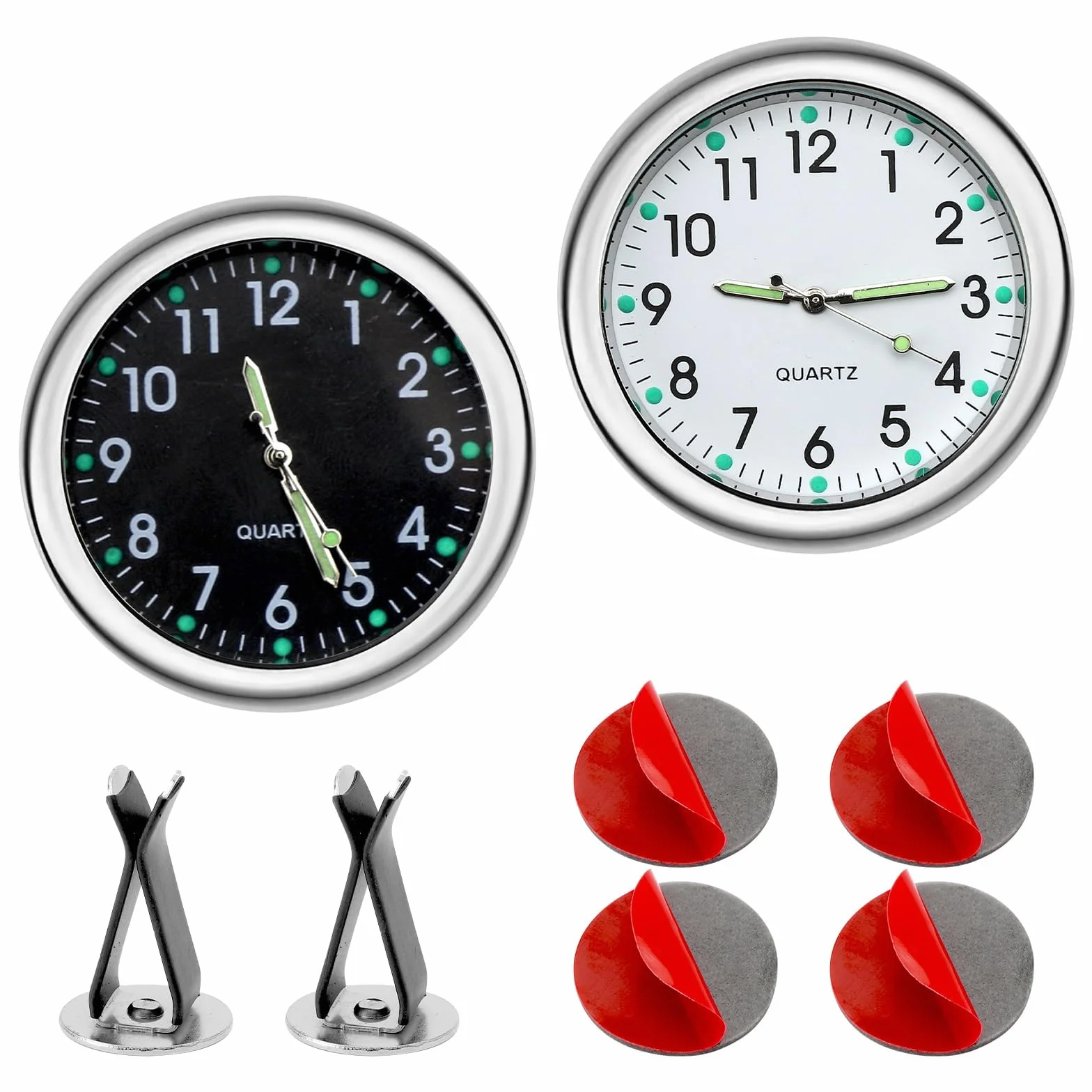 TNSLAND Mini Orologio per Auto Analogico al Quarzo Luminoso con Adesivo Biadesivo e Clip di Ventilazione