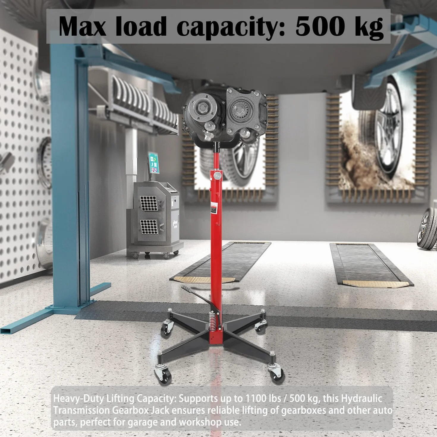 Sollevatore Idraulico da Fossa Carichi Fino a 500 KG, Altezza Regolabile da 113-186 cm Jack di Trasmissione, Hydraulic Telescopic Transmission Jack con Ruote e Pedale per il Pompaggio