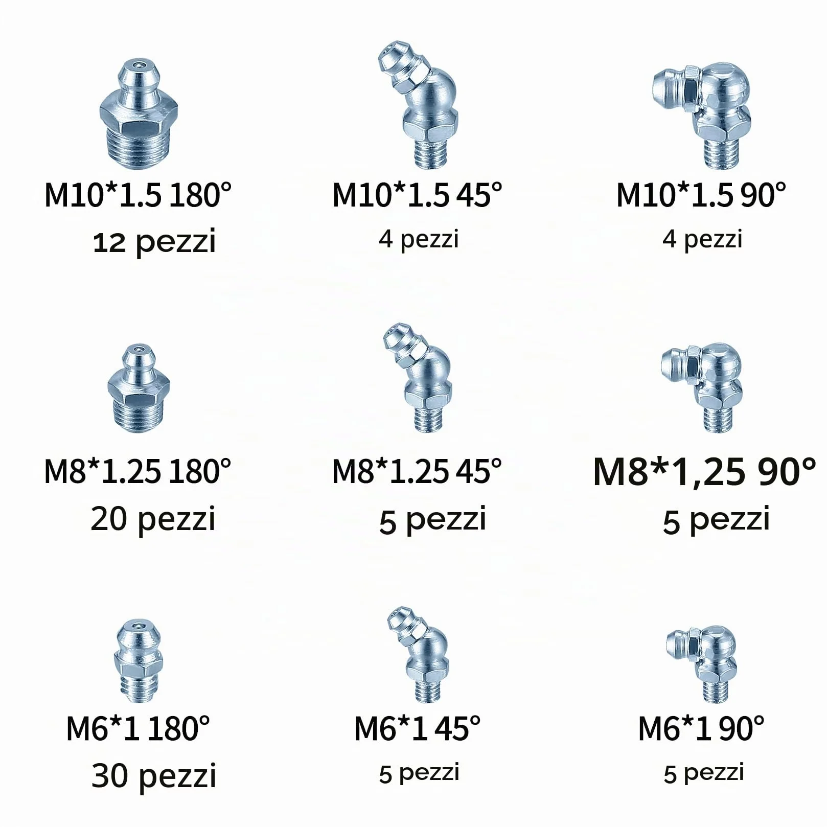 Set di Ingrassatori 90 Pezzi M6 M8 M10 Testine Metallo Dritto Angolato 45° 90° 180°