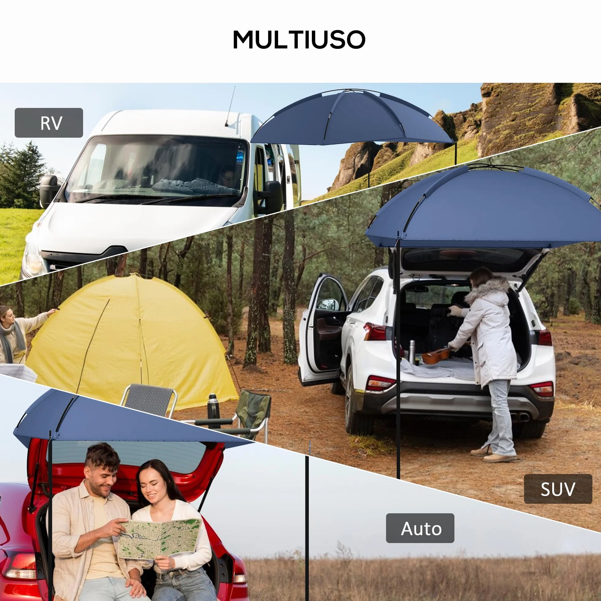 Outsunny Tendalina ad Arco Portatile con Paletti Regolabili e Borsa da Trasporto, Tenda per Auto in Poliestere, Acciaio e Fibra di Vetro, 290x278x230-260 cm, Blu