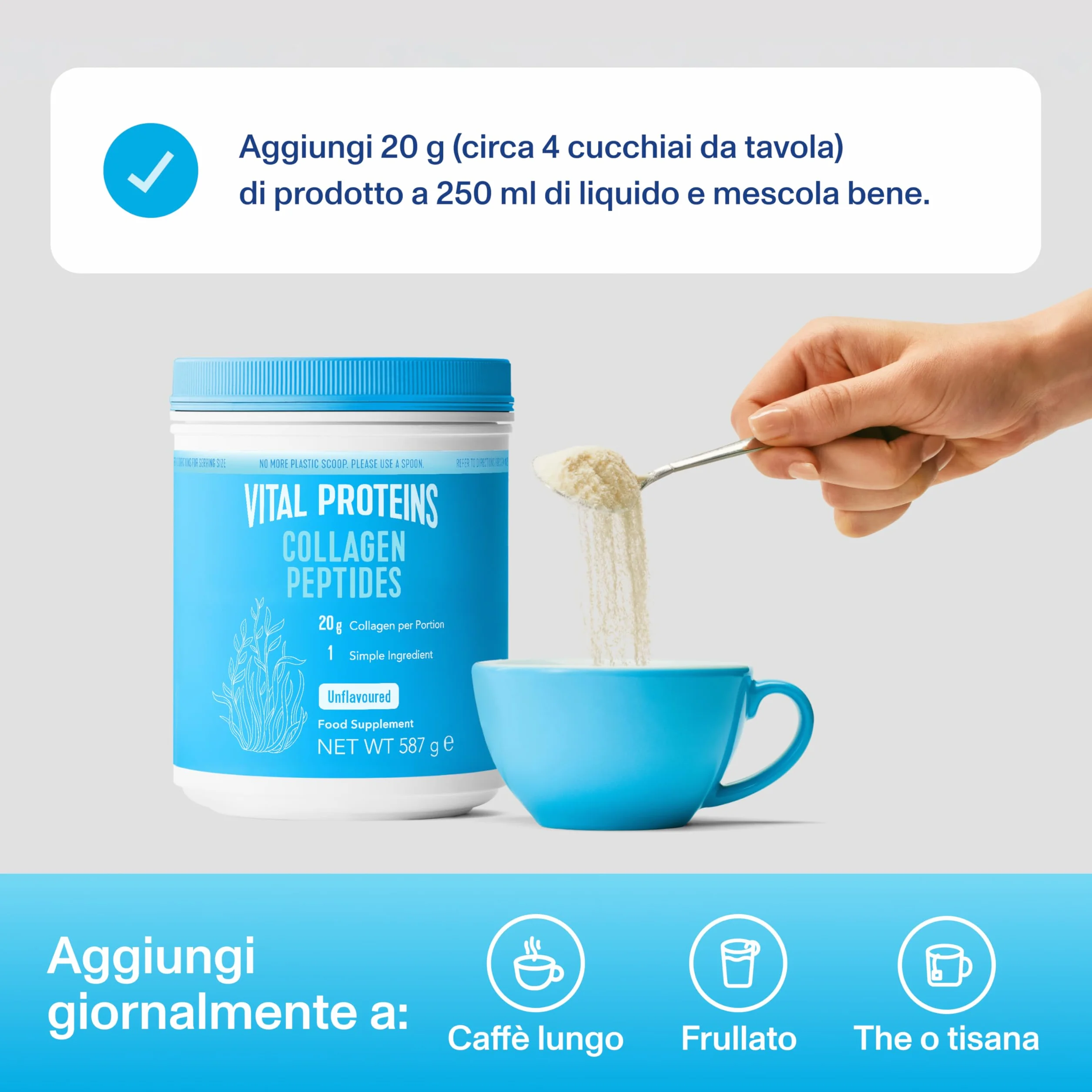 Vital Proteins Collagen Peptides integratore collagene idrolizzato in polvere inodore insapore 20g peptidi collagene bovino 587g