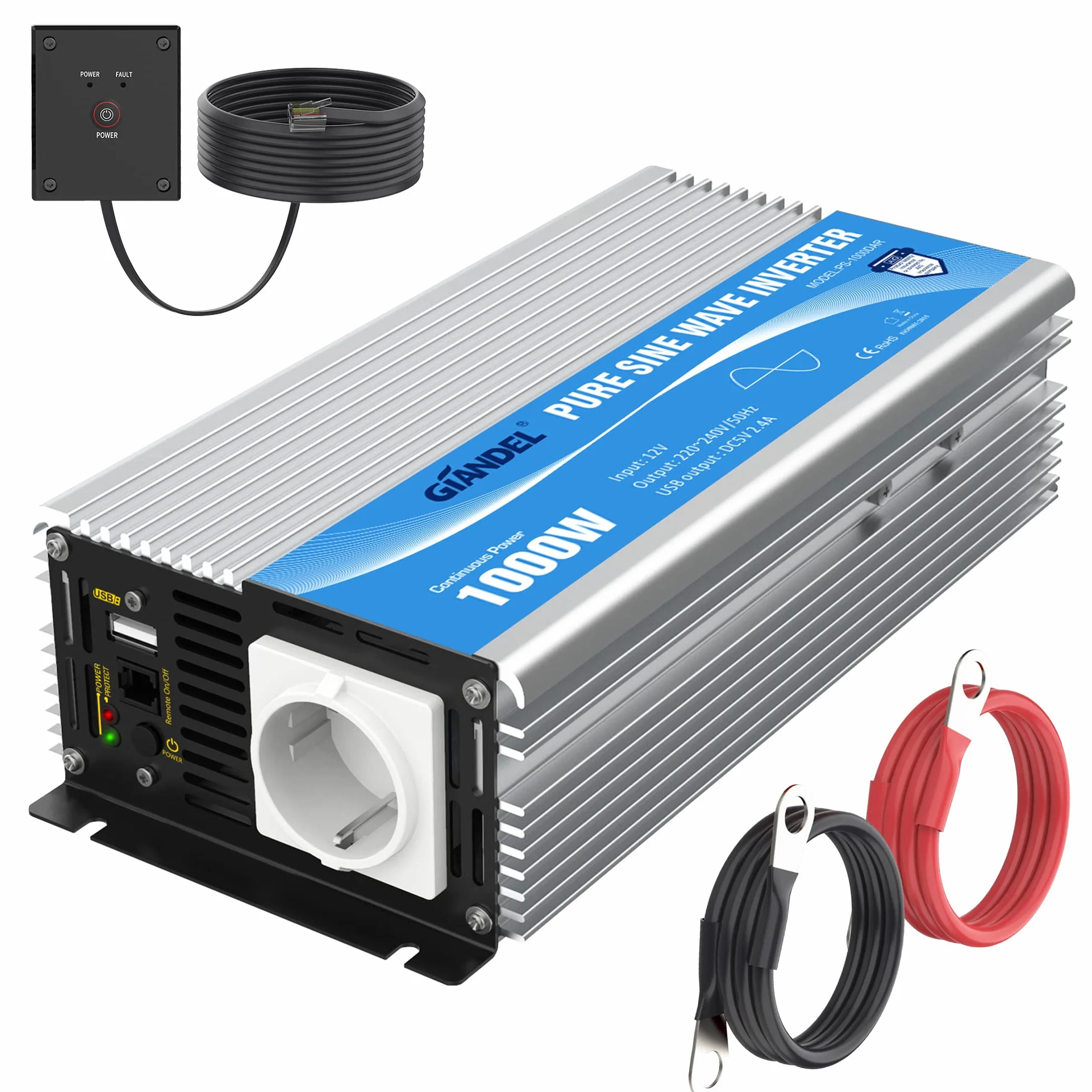 GIANDEL Inverter 12V a 230V Onda sinusoidale pura 1000W Convertitore di tensione con controllo remoto presa EU USB 2.4A
