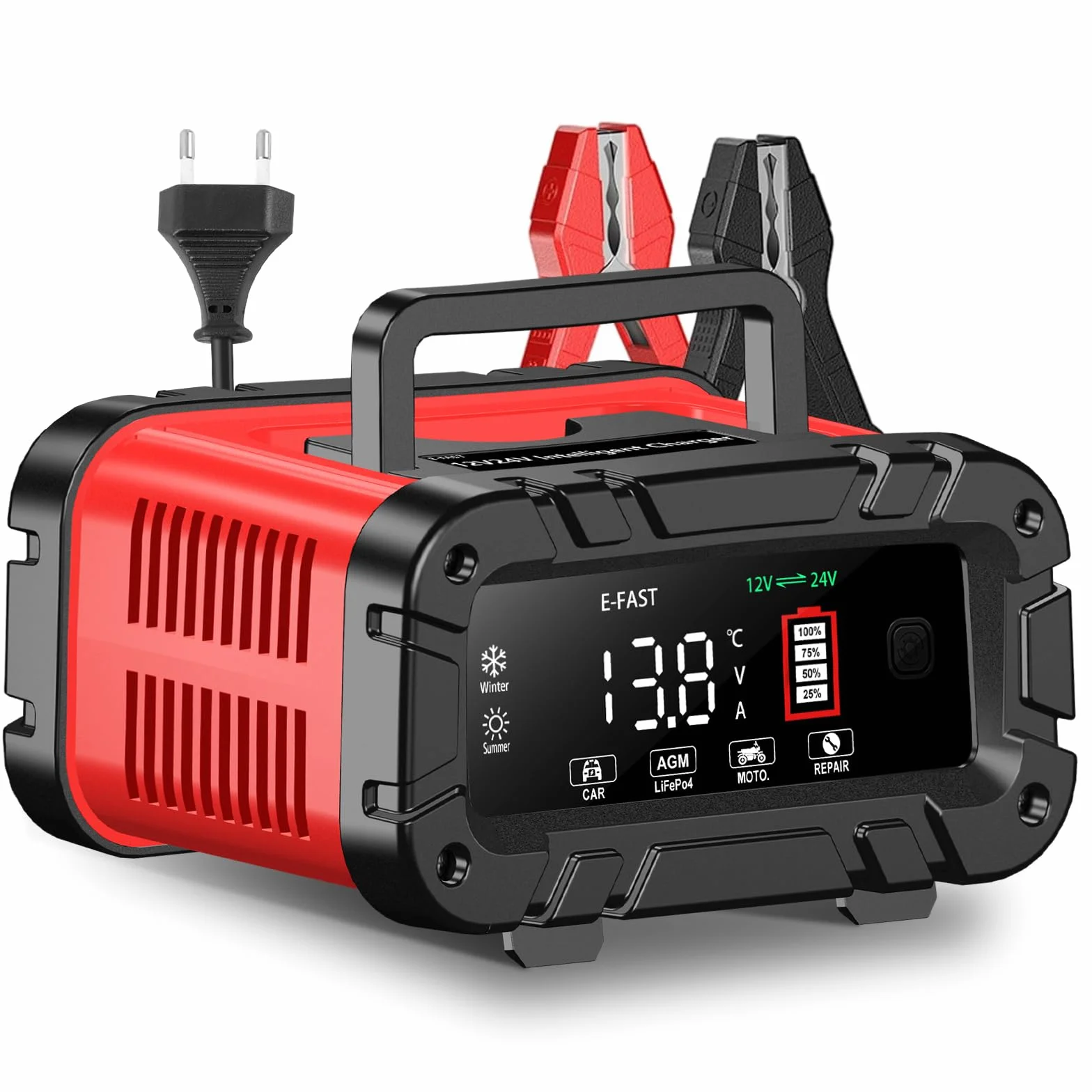 Caricabatteria da Auto 12V/24V Automatico con Display LCD, Intelligente per Batterie AGM/LiFePO4