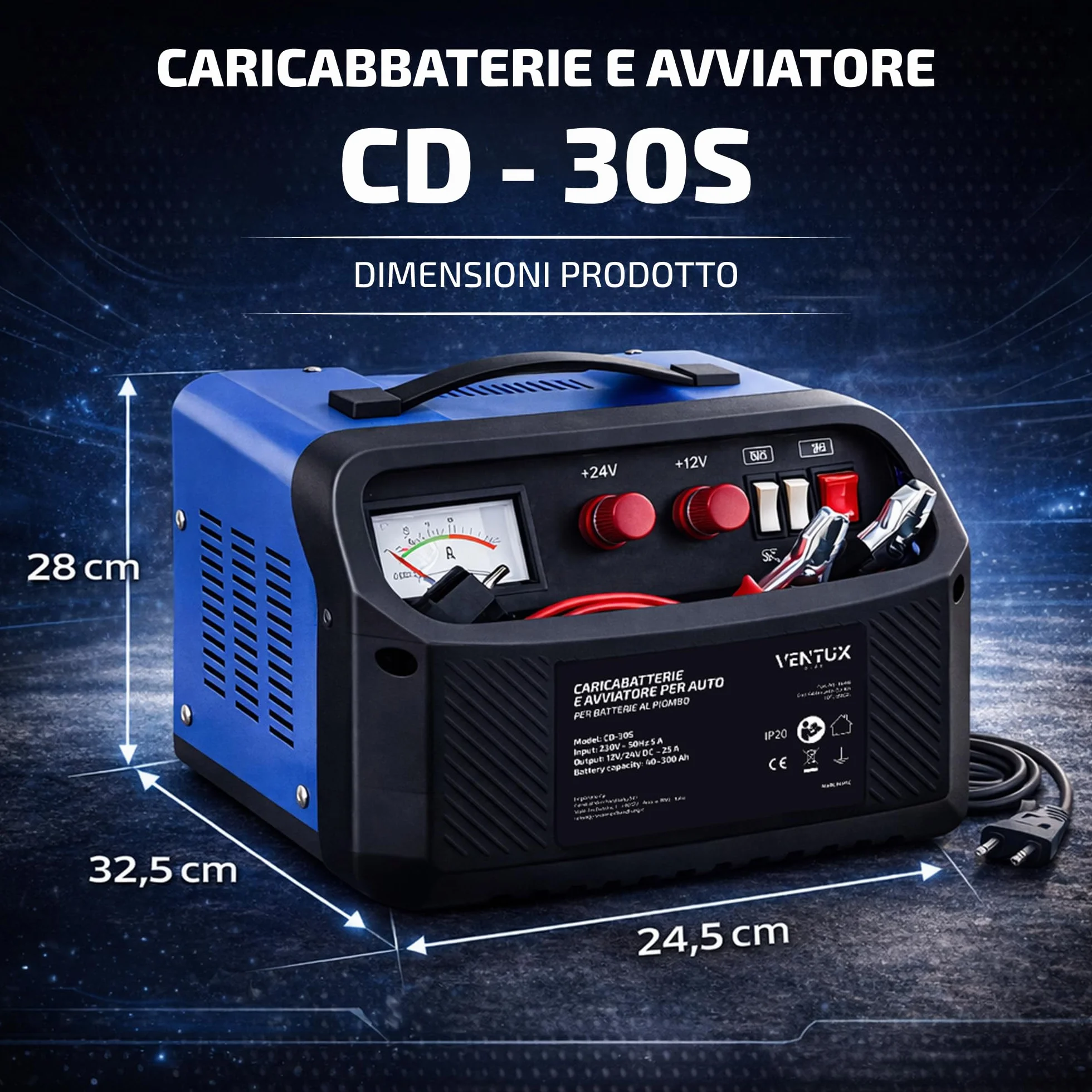 Caricabatterie e avviatore 12V/24V Ventux Gear CD-30S – Per Batterie al Piombo, Funzione Start 160A/260A, Amperometro Analogico, Protezioni di Sicurezza, Uso Auto e Officina