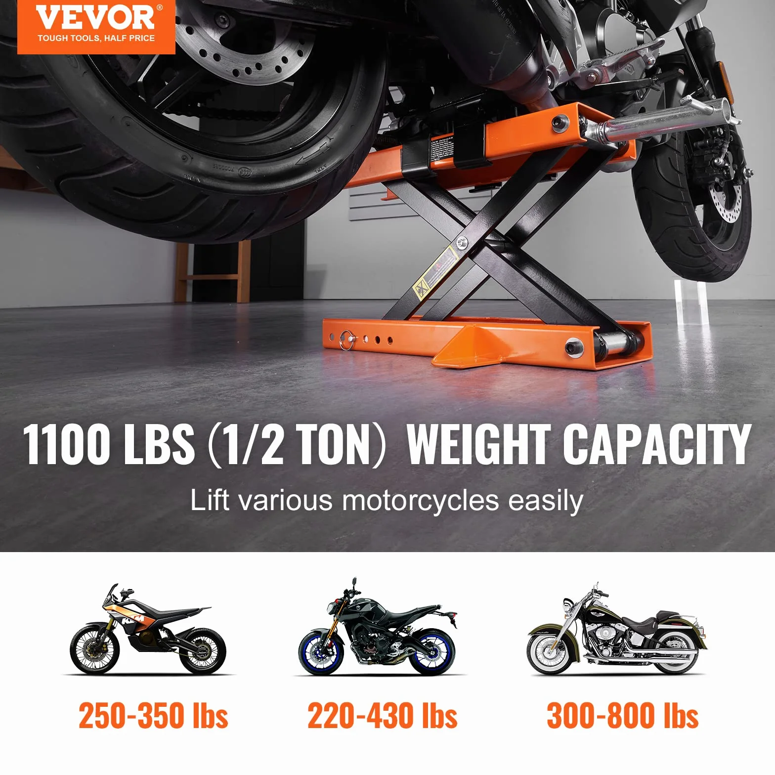 VEVOR Ponte Sollevatore Idraulico a Forbice per Moto 500kg Altezza Regolabile 8,9-33,8 cm 2 Selle Antiscivolo