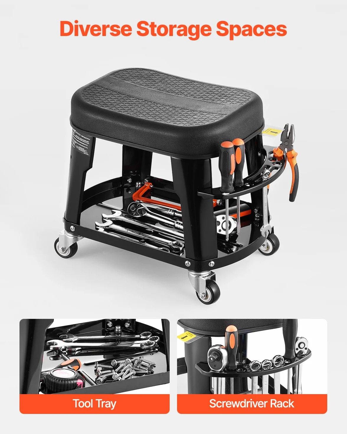 VEVOR Sgabello da Meccanico, Capacità di 136 kg Sgabello da Garage Girevole a 360° con Ruote, Vassoio Portautensili e Portacacciavite, Resistente, per Garage, Officina e Riparazione Auto, Nero