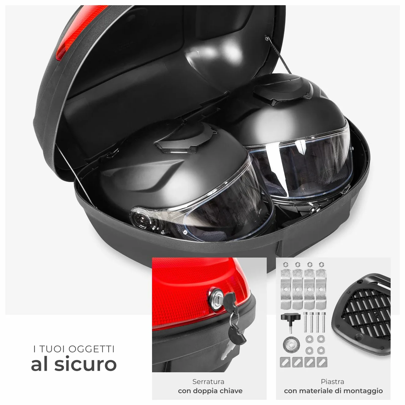 Tectake Bauletto Moto 48 Litri Top Case Universale Valigia Posteriore 2 Caschi Serratura