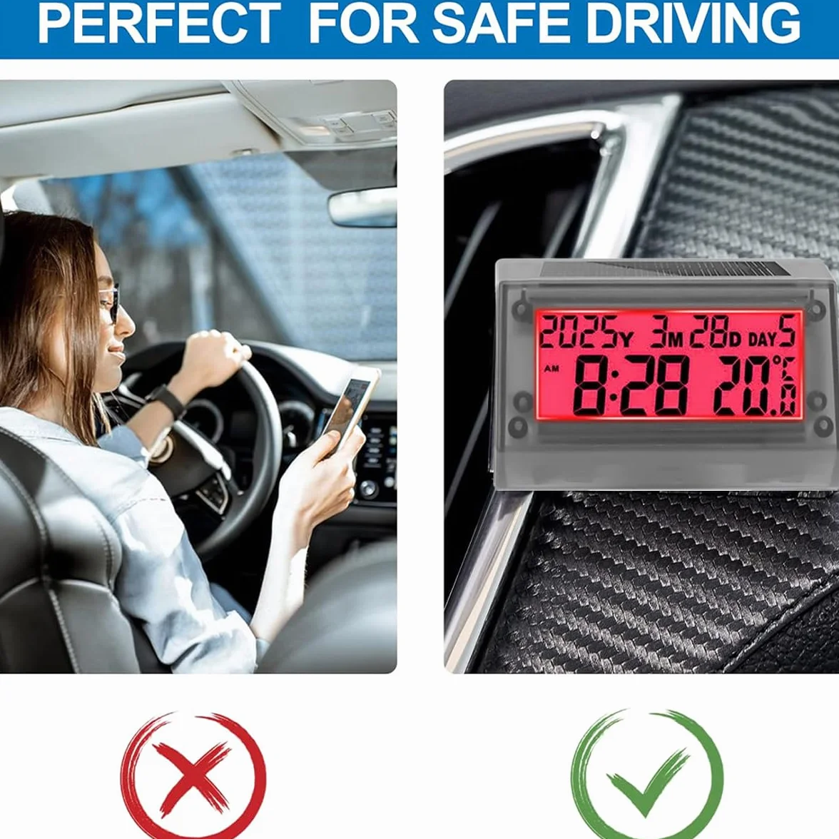 Orologio LCD ad energia solare -Orologio digitale multifunzionale per auto,impermeabile e antiurto,con ora, data, settimana, temperatura, supporto per maniglia per auto,moto,bicicletta,luce rosso