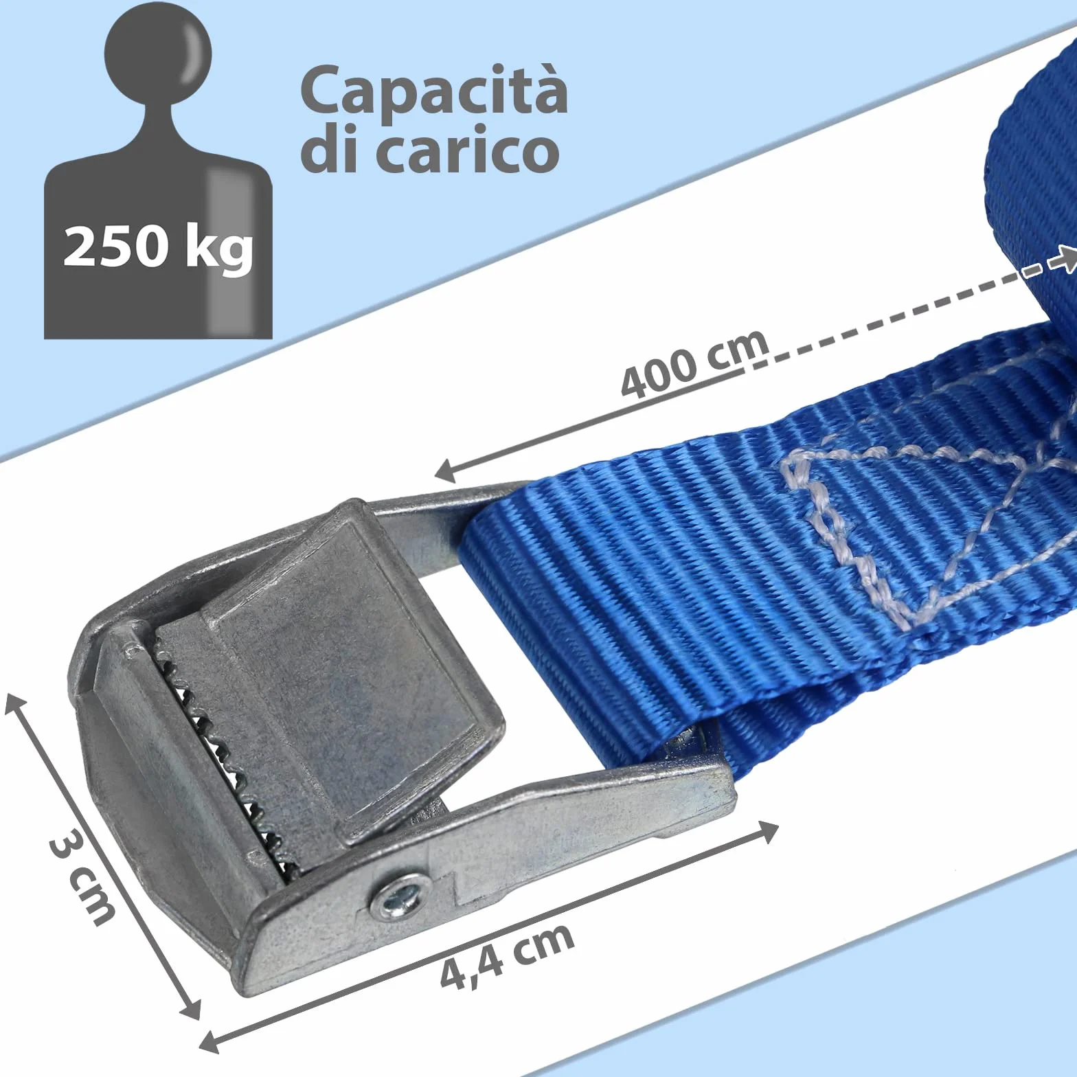 Cinghia di fissaggio Cinghie di tensione blu 1m 2,5m 4m 6m resistenza 250 kg DIN EN 12195-2 4 pezzi 2.5 cm x 4 m