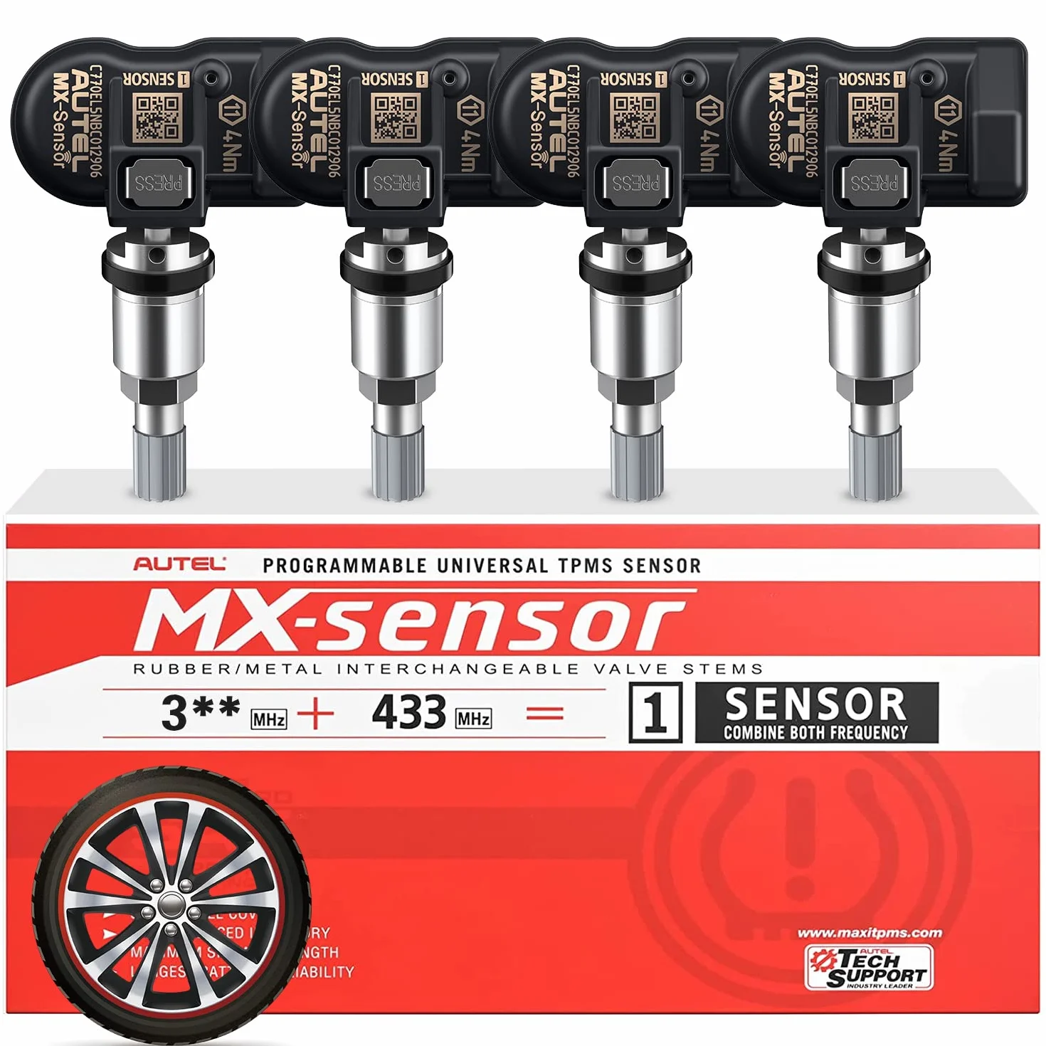 Autel TPMS Sostituzione Pneumatico a Doppia Frequenza per Tutte Automobili, Sensore OE Identicamente Costruito 100%, Valvola Metallo, 4 Pezzi