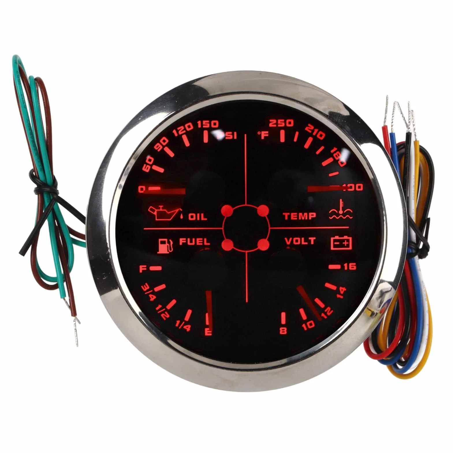 Keenso Indicatore Livello Carburante, 4in1 85mm Calibro Multifunzione Livello Carburante Pressione Olio Temperatura Acqua Voltmetro DC 9 a 32V per Auto RV Barca Moto (Nero °F/PSI)
