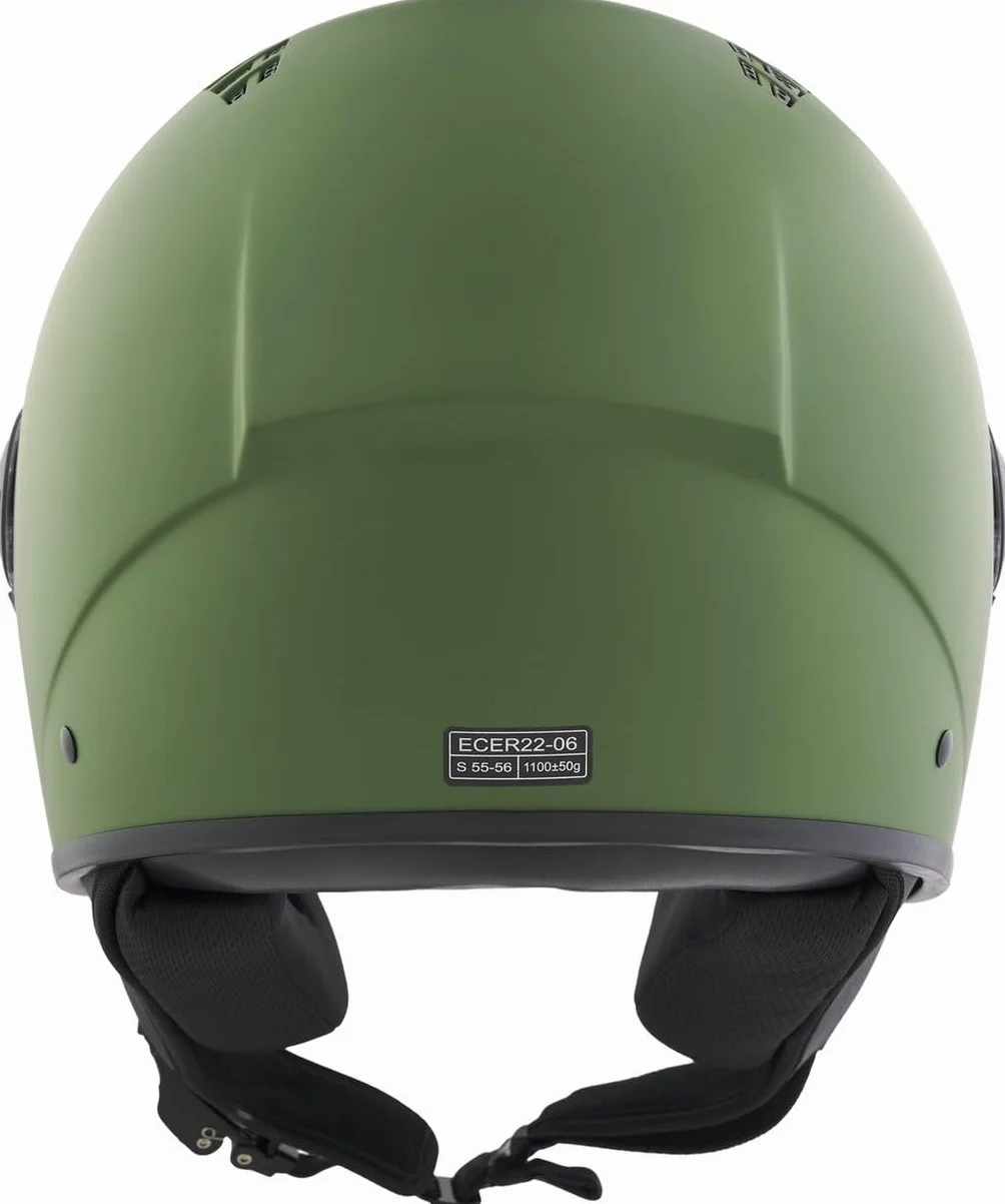 BHR Casco Demi-Jet 834 FLOW - Casco Scooter Estivo Omologato ECE 22.06 con 16 Fori di Aerazione - Visiera Antigraffio e Sgancio Micrometrico, Verde Opaco, L