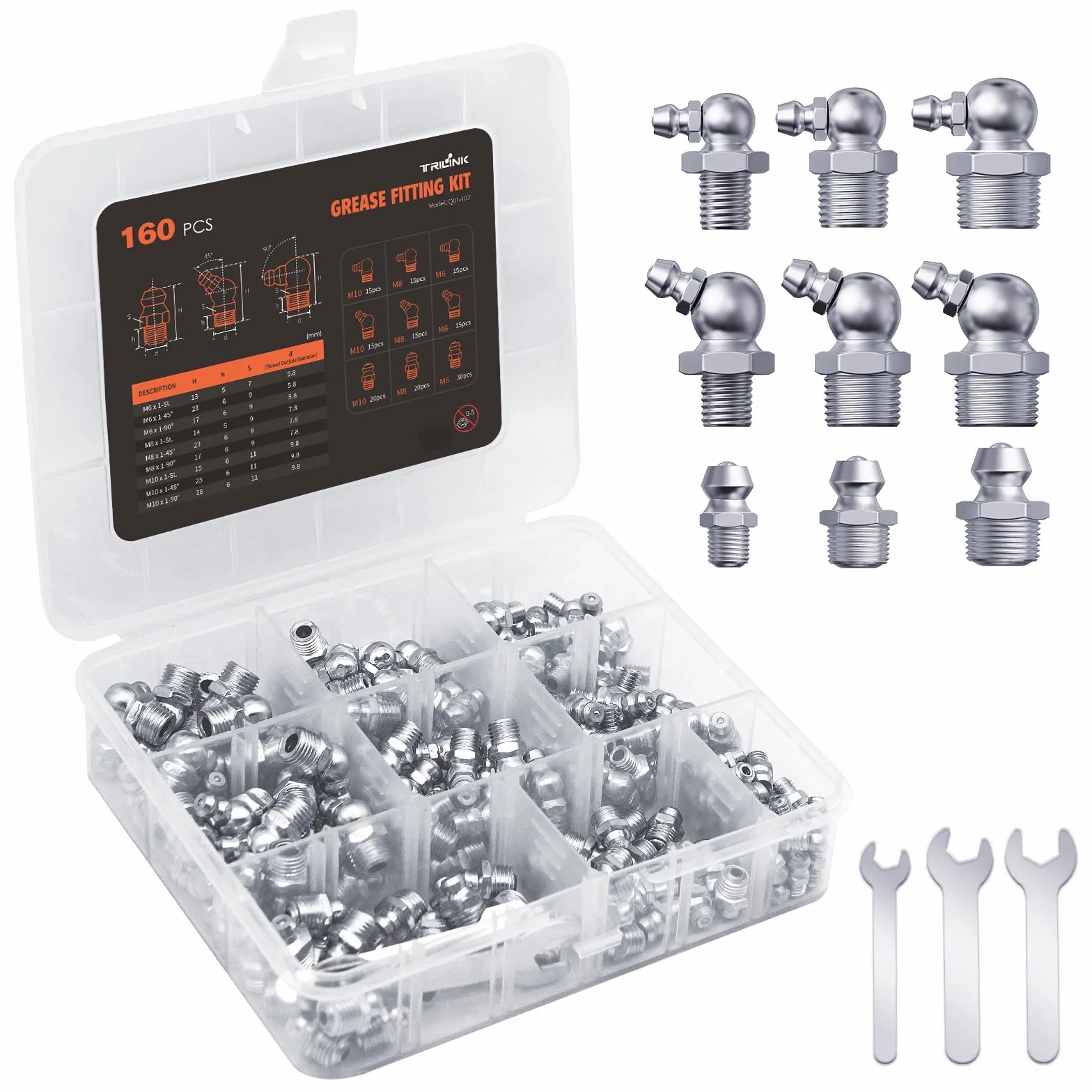 TRILINK Kit Assortito Ingrassatori 160 Pezzi Metrici M6 M8 M10 Angoli Dritti 45 90 Gradi Chiave
