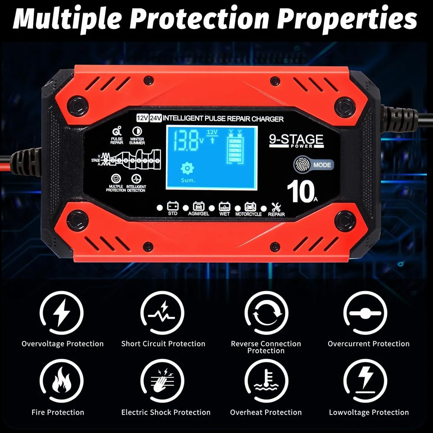 10A Carica Batteria per Auto, 12V 10A/24V 5A Multi Protezioni Caricabatterie Mantenitore di Carica Auto Moto con Schermo LCD Touch Caricatore Batterie per Moto,Barche, Auto, Batteria AGM