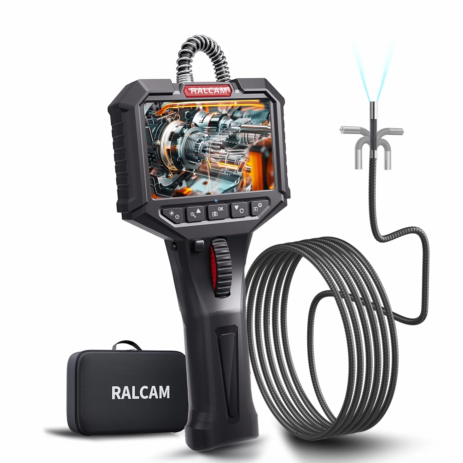 Ralcam Telecamera Endoscopica Rotante 210° Schermo HD 3,5" Sonda 6,2mm Semi-Rigida Impermeabile Cavo 2m