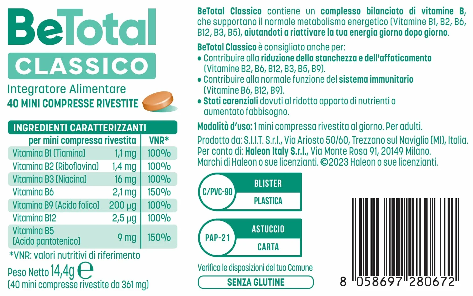 Be-Total Compresse Integratore Alimentare di Vitamina B, 80 Mini Compresse