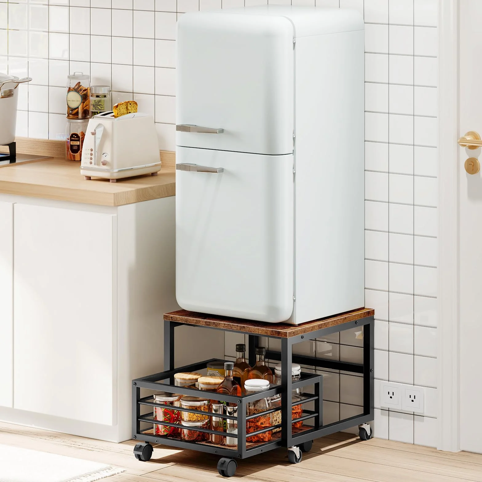 HOOBRO Supporto per Mini Frigo con Cassetto, Mobile Base per frigorifero con Ruote e Piedini Regolabili, Struttura in Metallo, Tavolo per Minifrigo per Casa, Ufficio, Marrone Vintage e Nero EBF155TL01