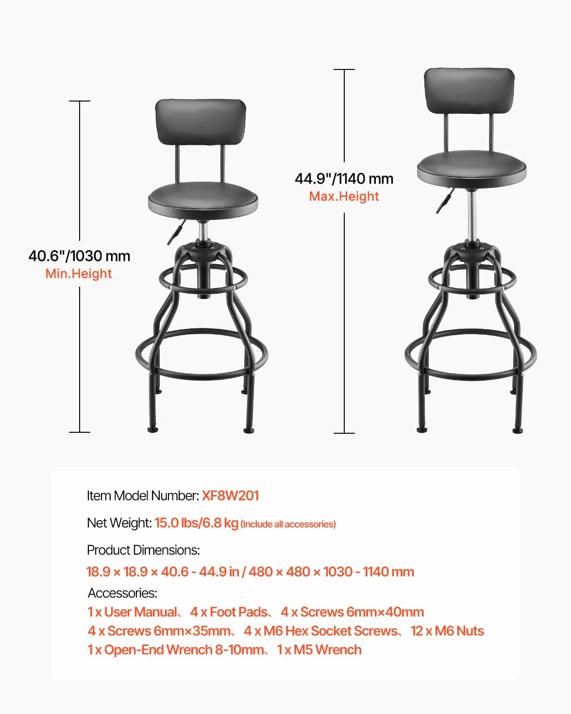 VEVOR Sgabello da Officina Girevole 360° con Schienale, Sedile Regolabile in Altezza, Capacità 136 kg, Nero