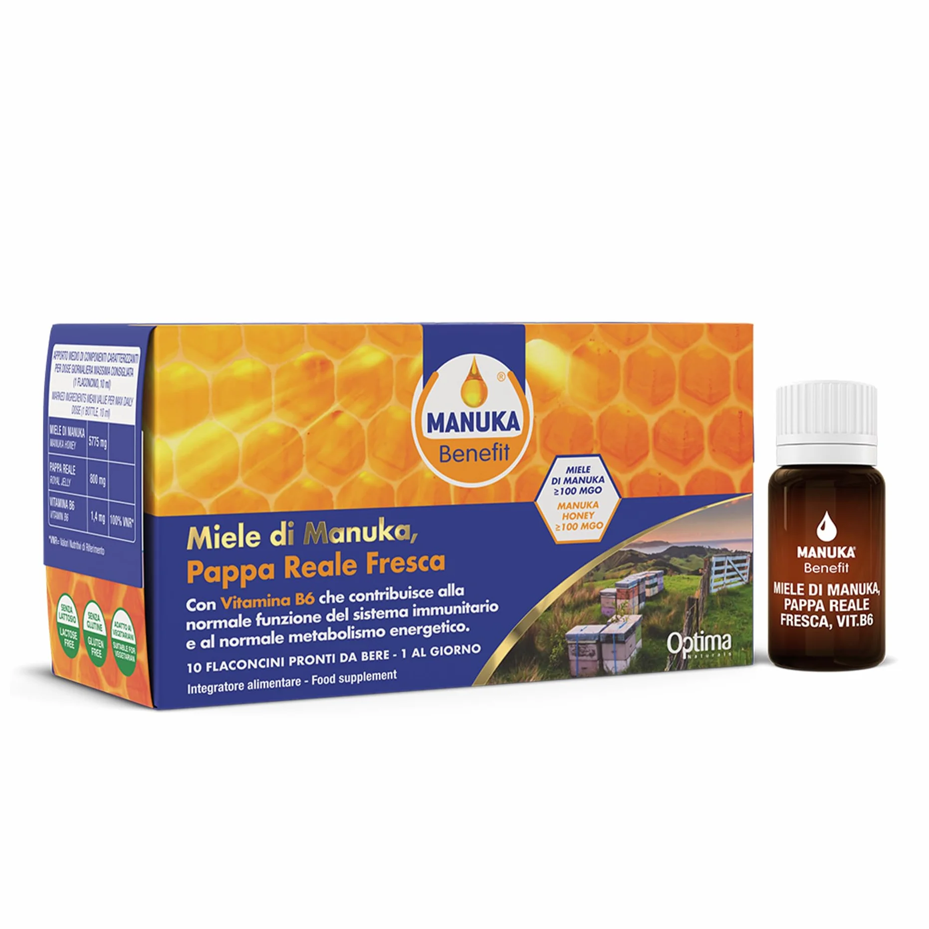 Pappa Reale Fresca con Miele Di Manuka e Vitamina B6, 10 Flaconcini Da 10 ml