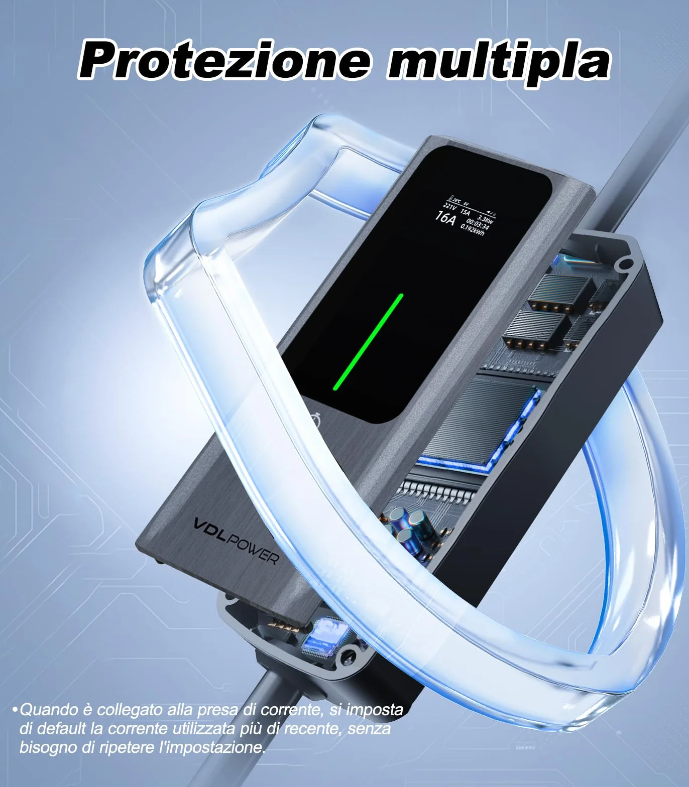 Cavo Ricarica Auto Elettrica 5m 3,6kW 16A Tipo 2 Schuko Wallbox LCD Controllo Digitale