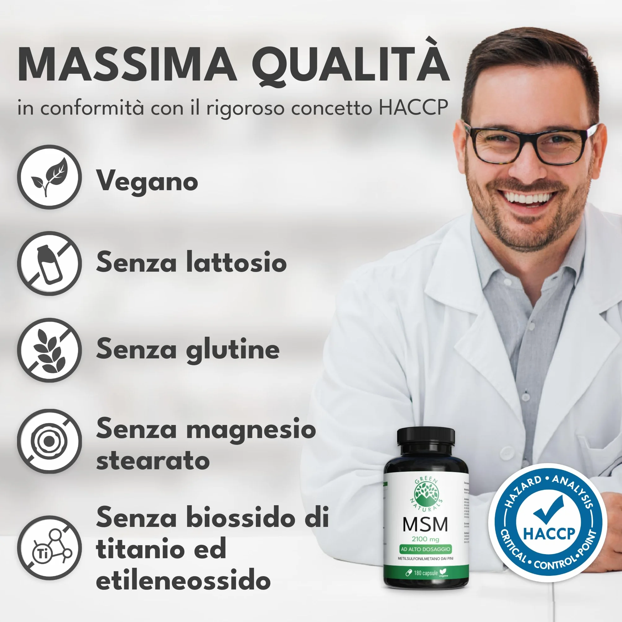 Green Naturals MSM 2100 mg Metilsulfonilmetano zolfo organico 180 capsule