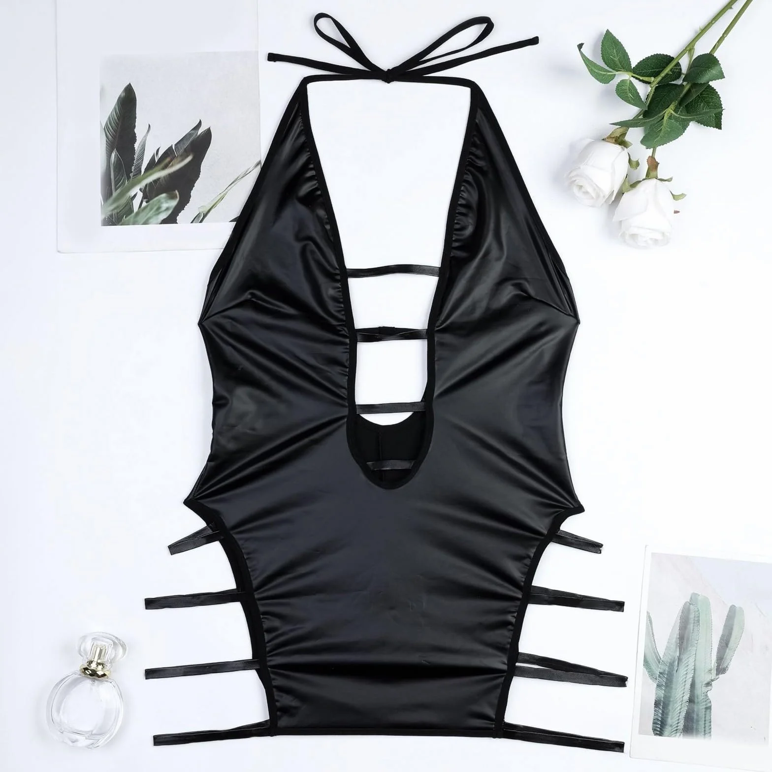 Body Teddy Pelle Donna Spalle Scoperte Lacci Giarrettiera Integrata Lingerie Sexy