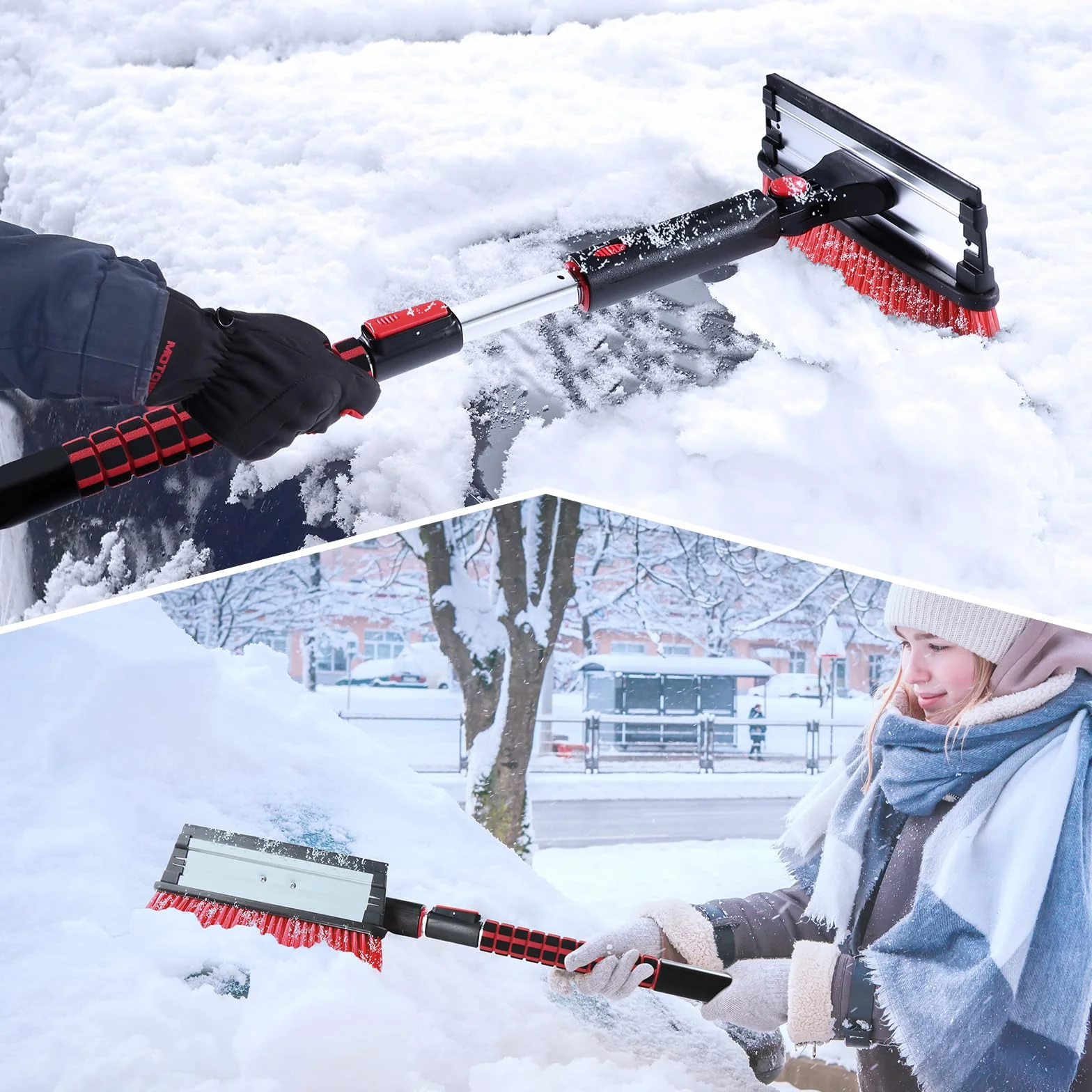 COFIT Raschietto e Spazzola Neve 3 in 1 100cm Gratta Ghiaccio Auto Manico Lungo Estensibile Rosso