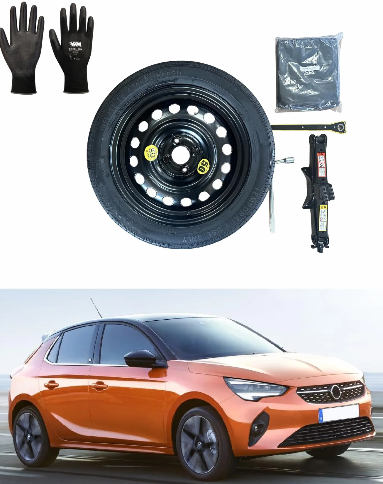 Kit Ruotino di Scorta 16" compatibile con Opel Corsa-F con Cric, Chiave, Guanti e Sacca