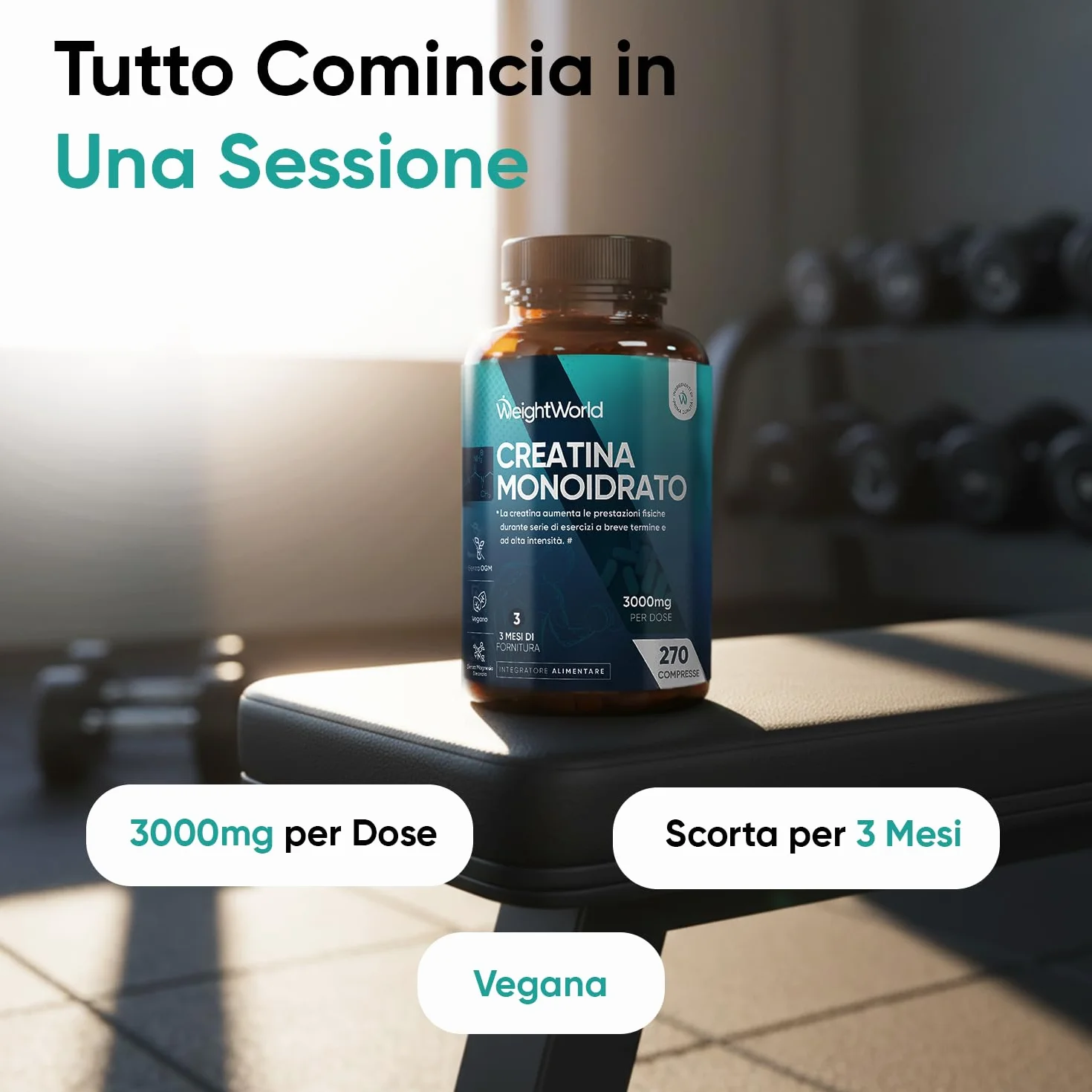 Creatina Monoidrata Vegana 3000mg 270 Compresse Pre Workout Intra Post Workout