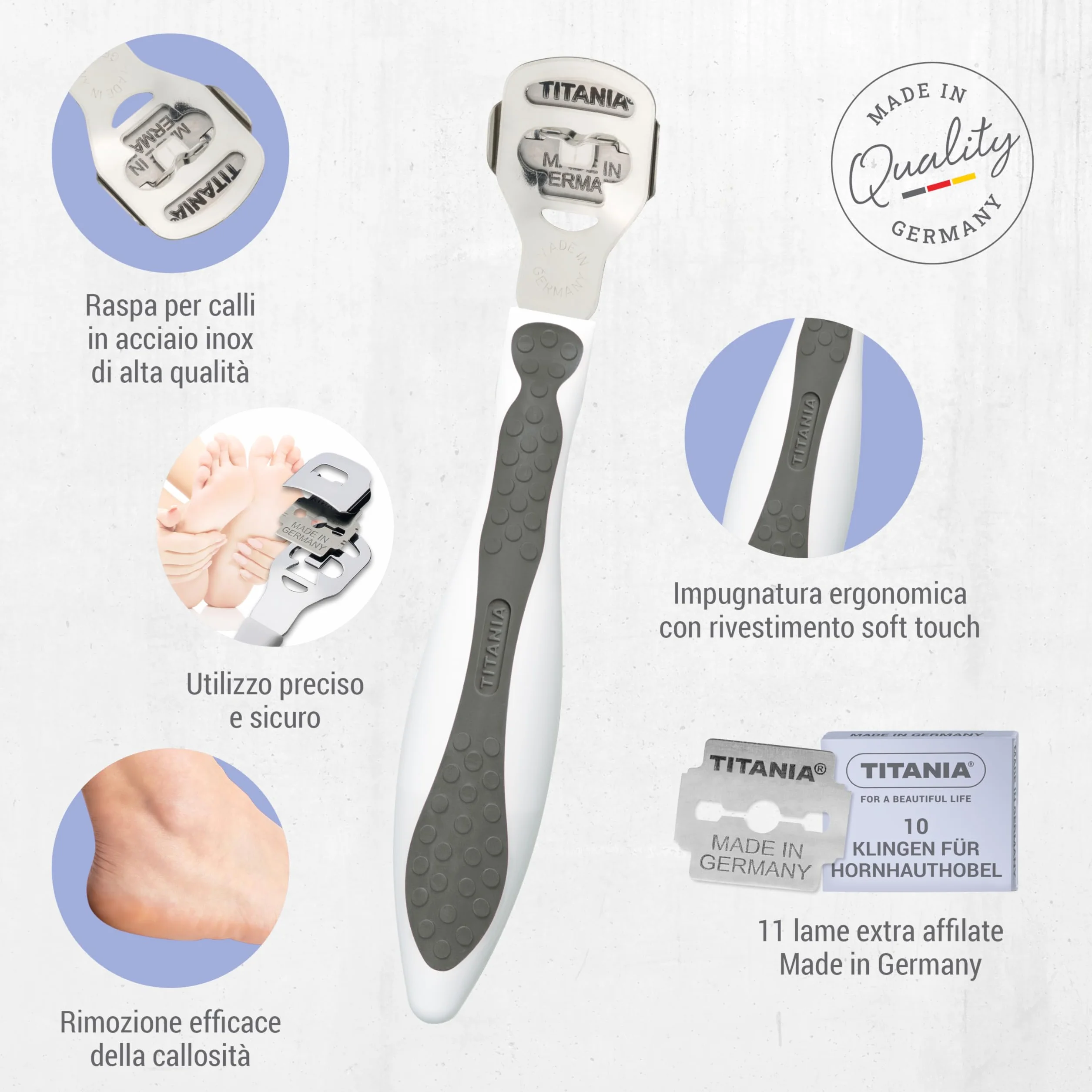 TITANIA Tagliacalli acciaio inox 10 lame di ricambio Made in Germany