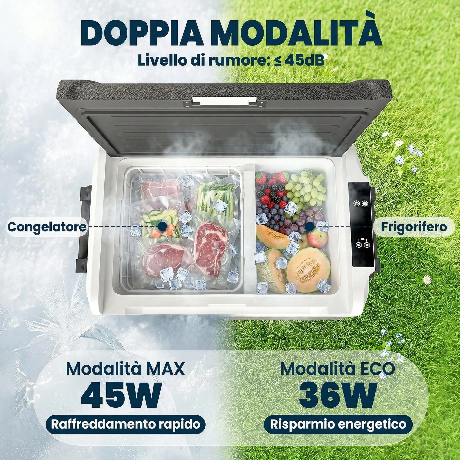 Outsunny Frigorifero Portatile per Auto 50L a Doppia Zona con Compressore, Frigo Elettrico Anti-Shock, APP Bluetooth, Ruote, Maniglia Pieghevole, 12V/240V, -20°C a 20°C, per Campeggio Camion Barca