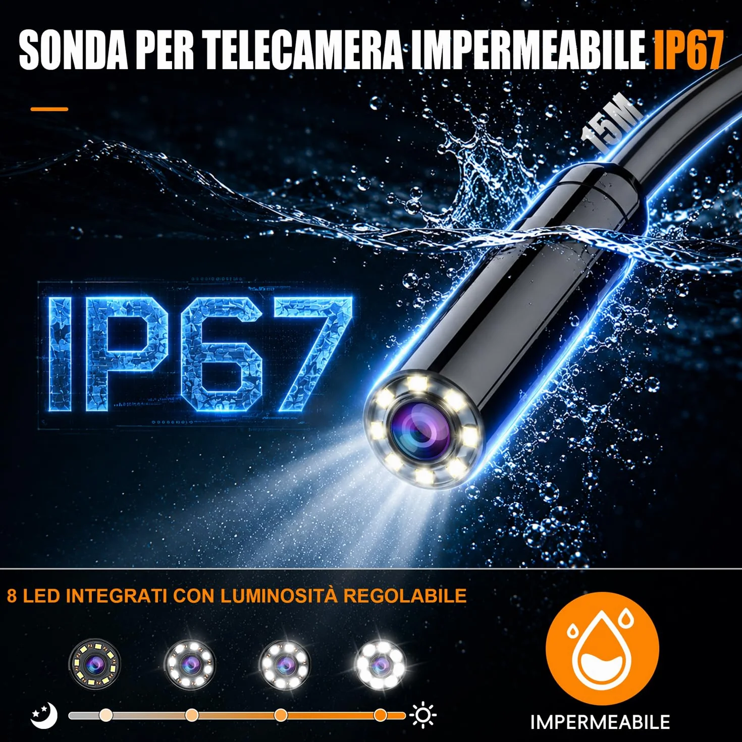 SKYBASIC Endoscopio Industriale 15M 4,3 Pollici IP67 8 LED