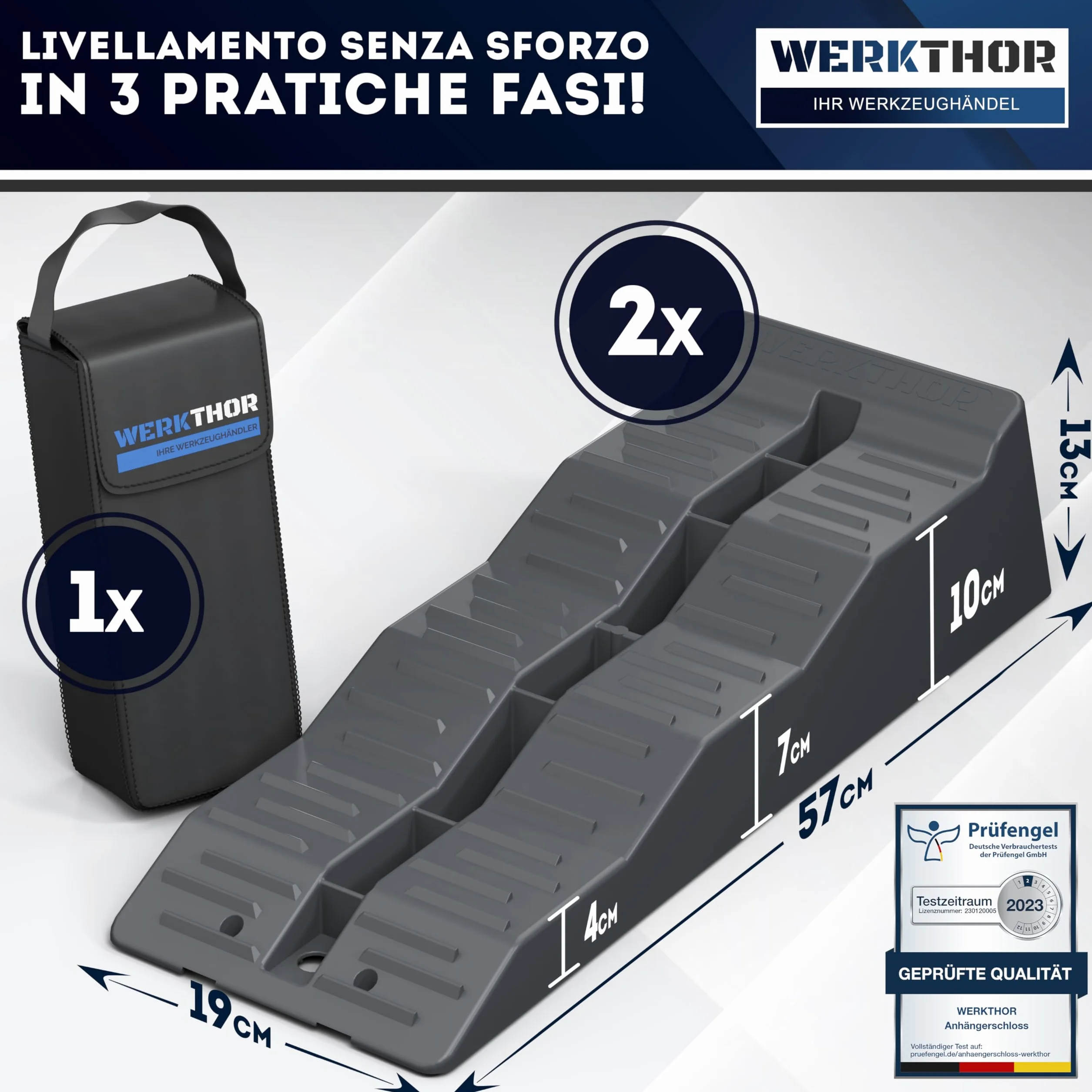 WERKTHOR Cunei per Camper [Grigio Set 2 Pezzi] con Borsa | Cunei Livellatori Camper fino 5T per Roulotte Van | Pedane Auto Sollevamento Resistenti Antiscivolo