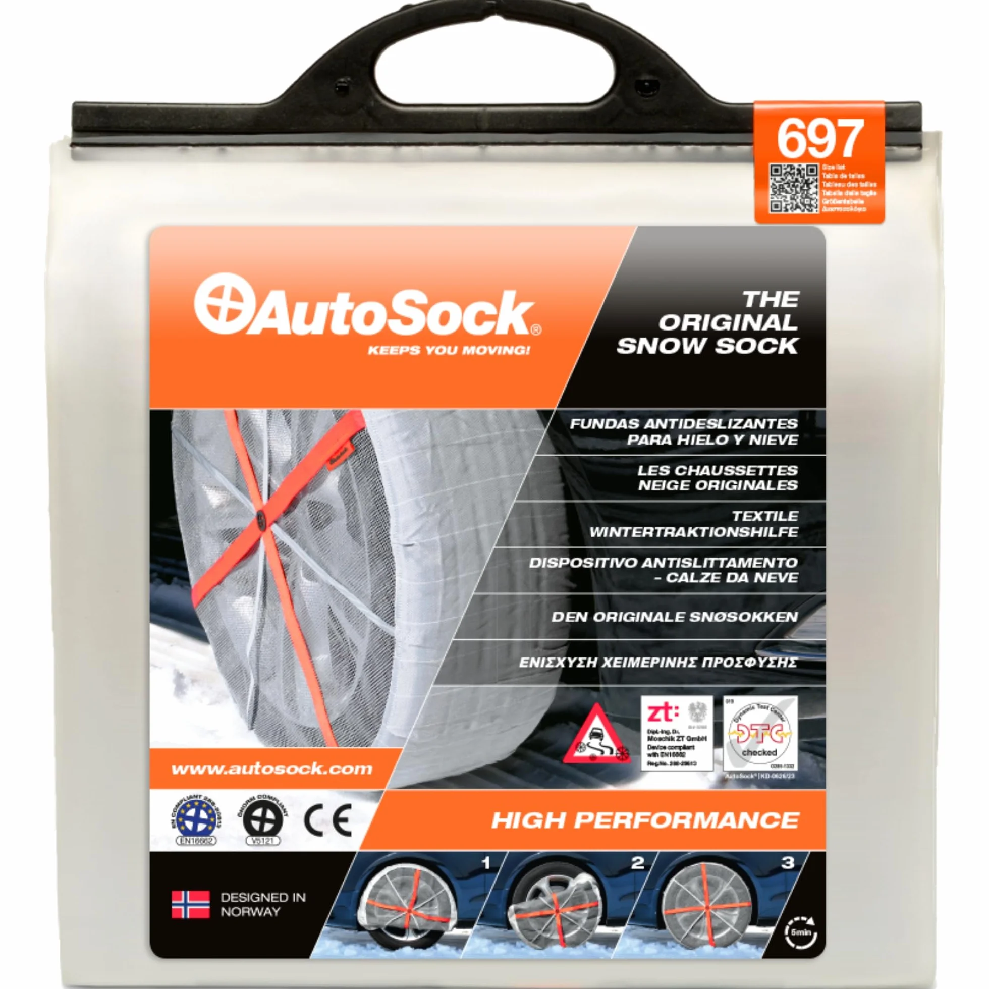 AutoSock HP 697 | Calze da neve | Calze per auto | Catene da neve tessili | Cert. EN16662-1 | Montaggio rapido in 3 fasi| Catene da neve alternative