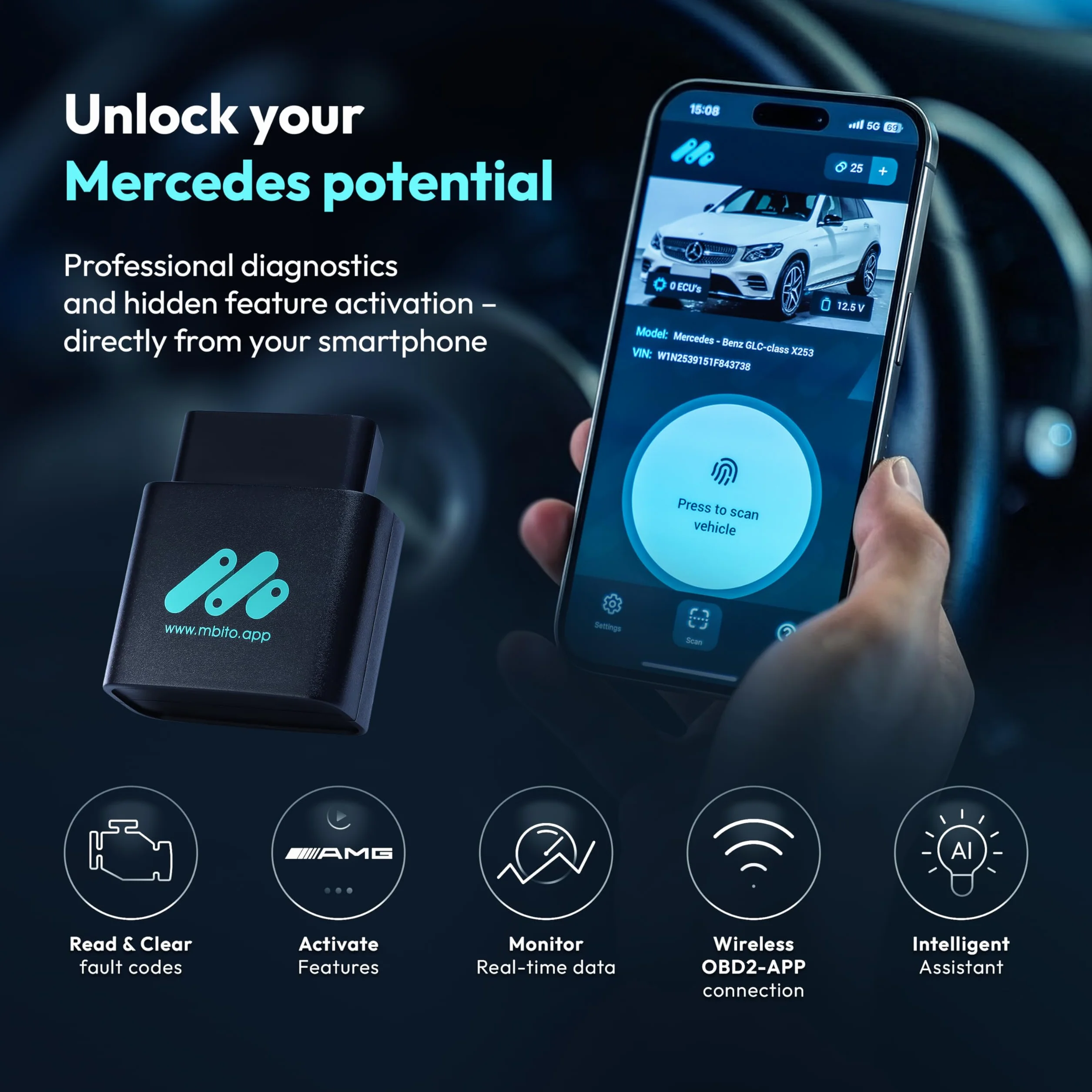 MBito Scanner OBD2 Professionale Bluetooth Compatibile con W204 W205 W212 W213 C117 X253 W166 Diagnostica Veicoli 2008-2024 iOS Android