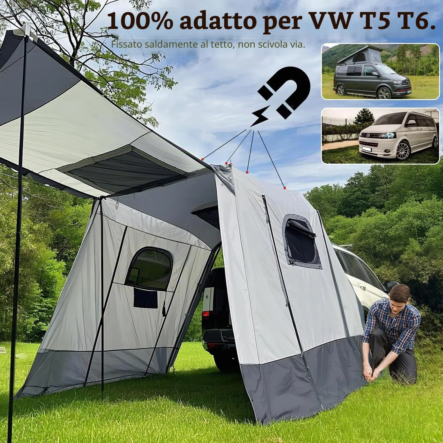 Tenda per Furgone Van 200x200x205cm, Impermeabile 3000mm - per Portellone Posteriore VW T5 T6 - Adatta per 2-3 Persone, Campeggio e Viaggi.