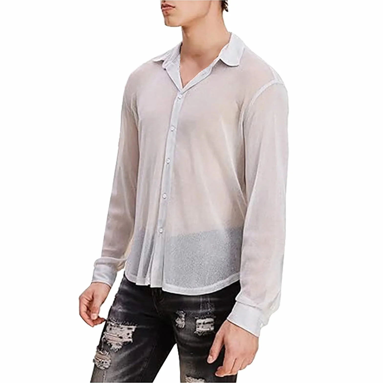 Camicia da uomo a rete trasparente maniche lunghe sexy pizzo sottile